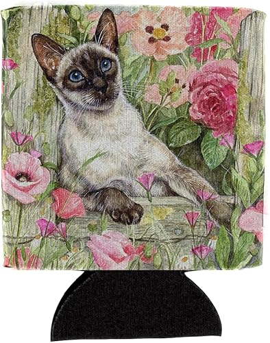 Caroline's Treasures CDCO0033CC - Enfriador para latas o botellas, con diseño de gato siamés en las rosas, funda lavable para bebidas, soporte
