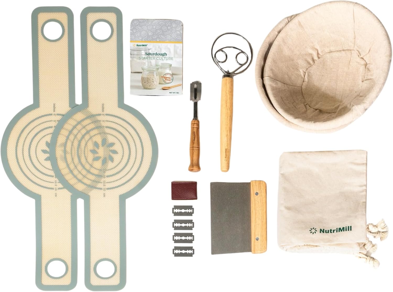 NutriMill Sourdough Bread Proofing Bundle Kit with 12" Banneton Baskets, Slings, Bags, Whisks, Lame and Sourdough Starter