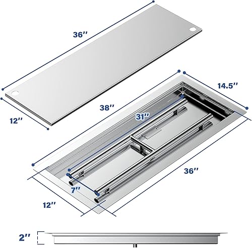Miniatura 2 de Skyflame Sartén y quemador rectangular de acero inoxidable con tapa de quemador, 36 x 12 pulgadas