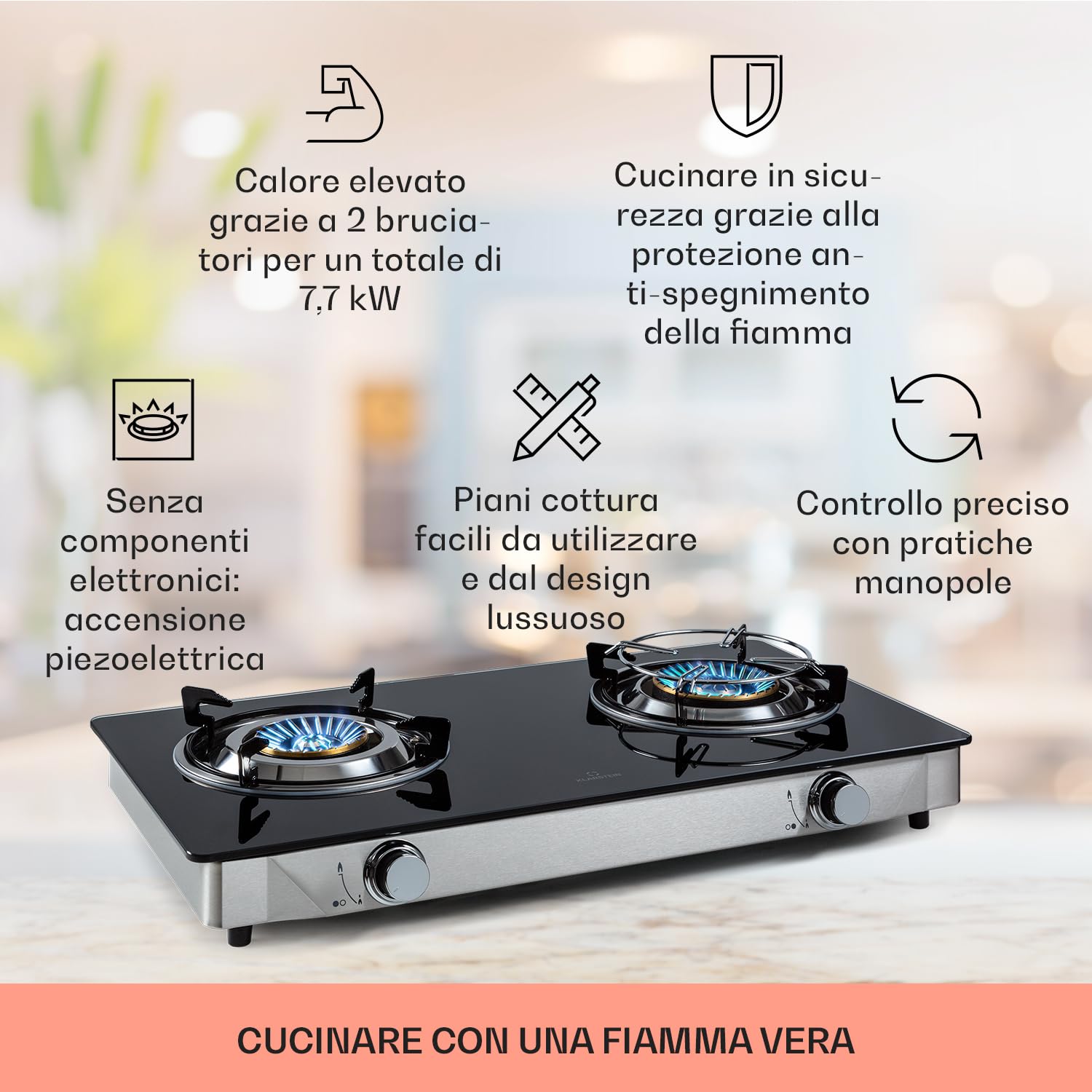 Klarstein Piastra a gas con 2 fuochi cottura e tavolo da 2 bruciatori piano 7,7 kW in acciaio inox