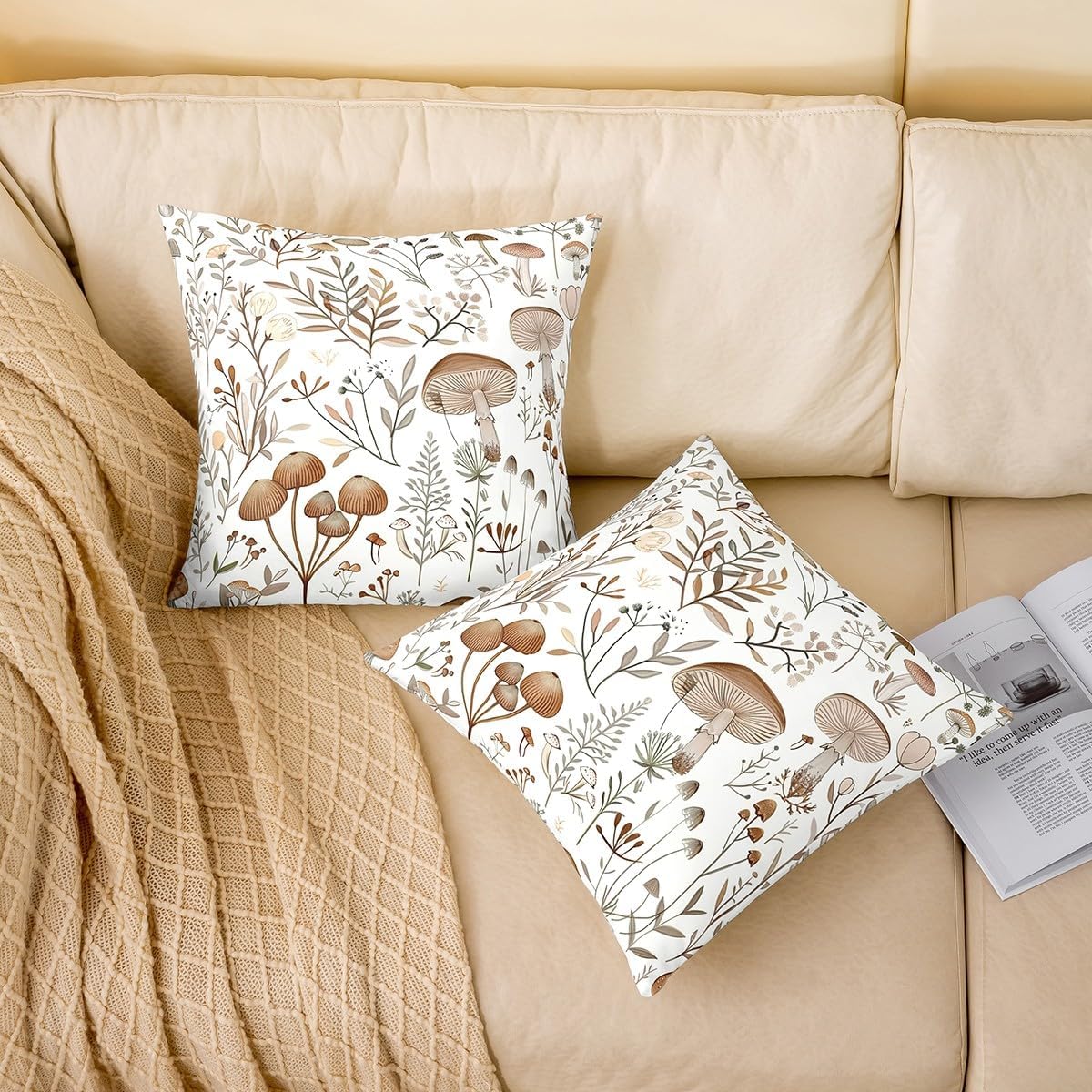 Manfei Mushroom Pillow Covers Reversible Print Pack of 2,Jungle Burgundy Plants Botanical Leaves Decorative Cushion Covers for Sofa,Nature Rustic Farmhouse Beige Couch Pillow Covers,24"x 24"