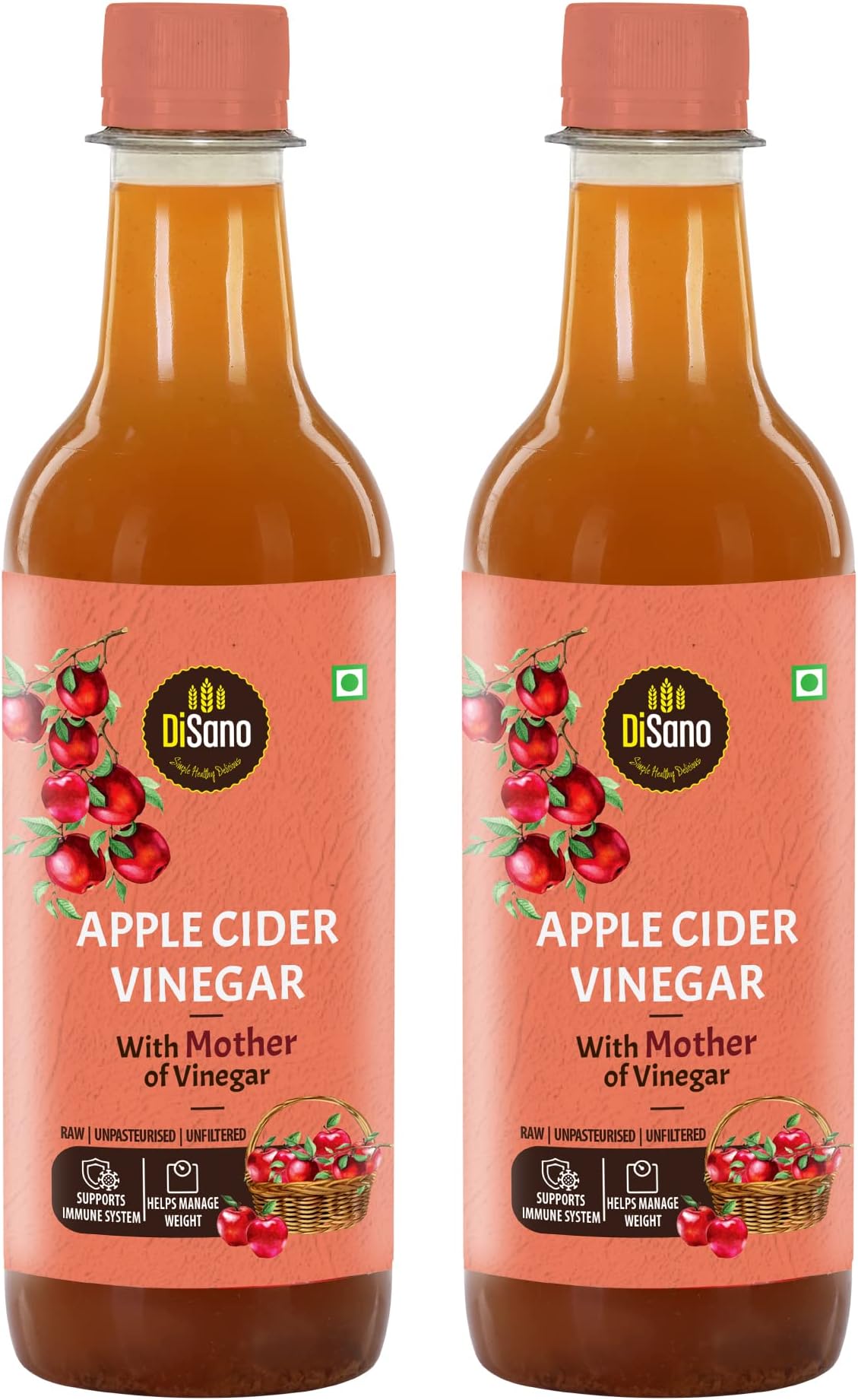 DiSano Apple Cider Vinegar (ACV) with Mother, Raw, Unfiltered, Undiluted - 1000 ml (2 x 500ml)