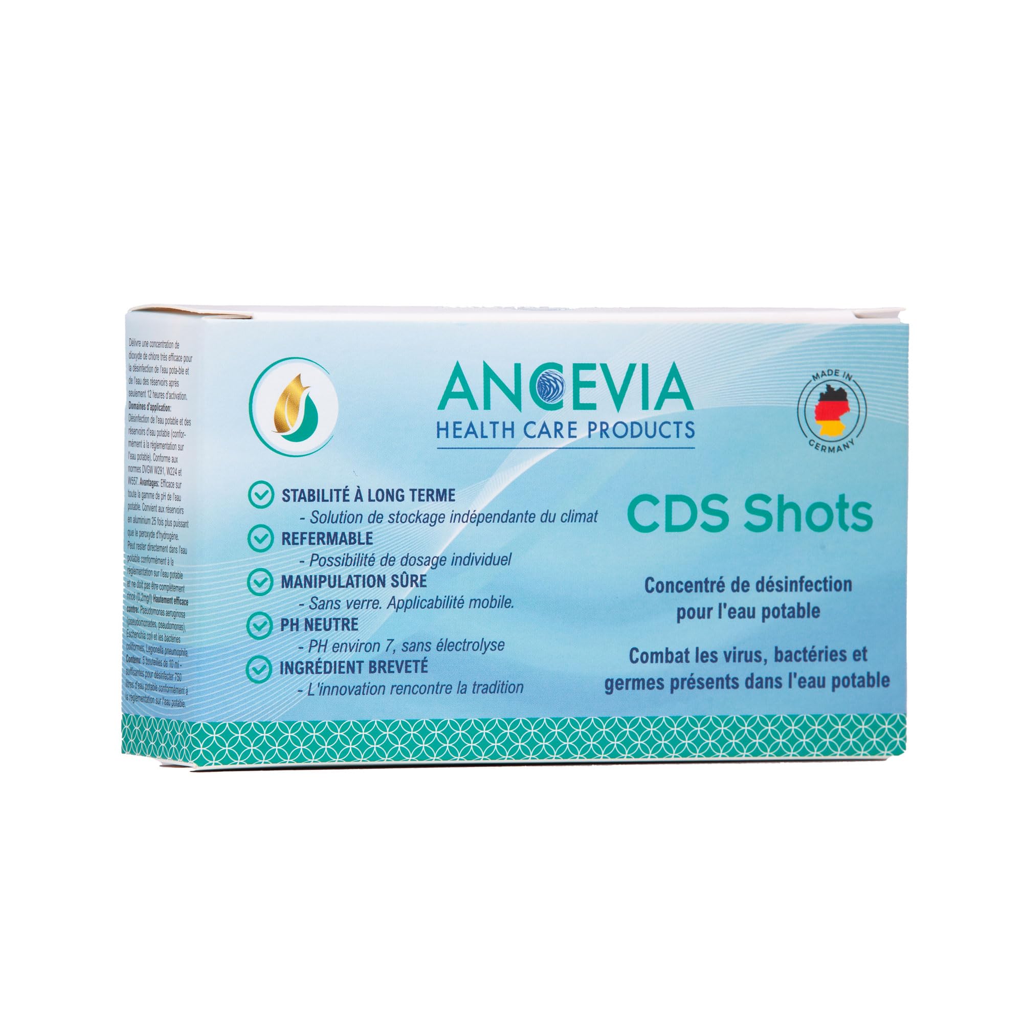 Titre : ANCEVIA® CDL Shots - Solution de Dioxyde de Chlore 0,3% - 5x10ml - Breveté - Fabriqué en Allemagne - À Faire Soi-même - Haute Pureté - pH Neutre - Longue Conservation