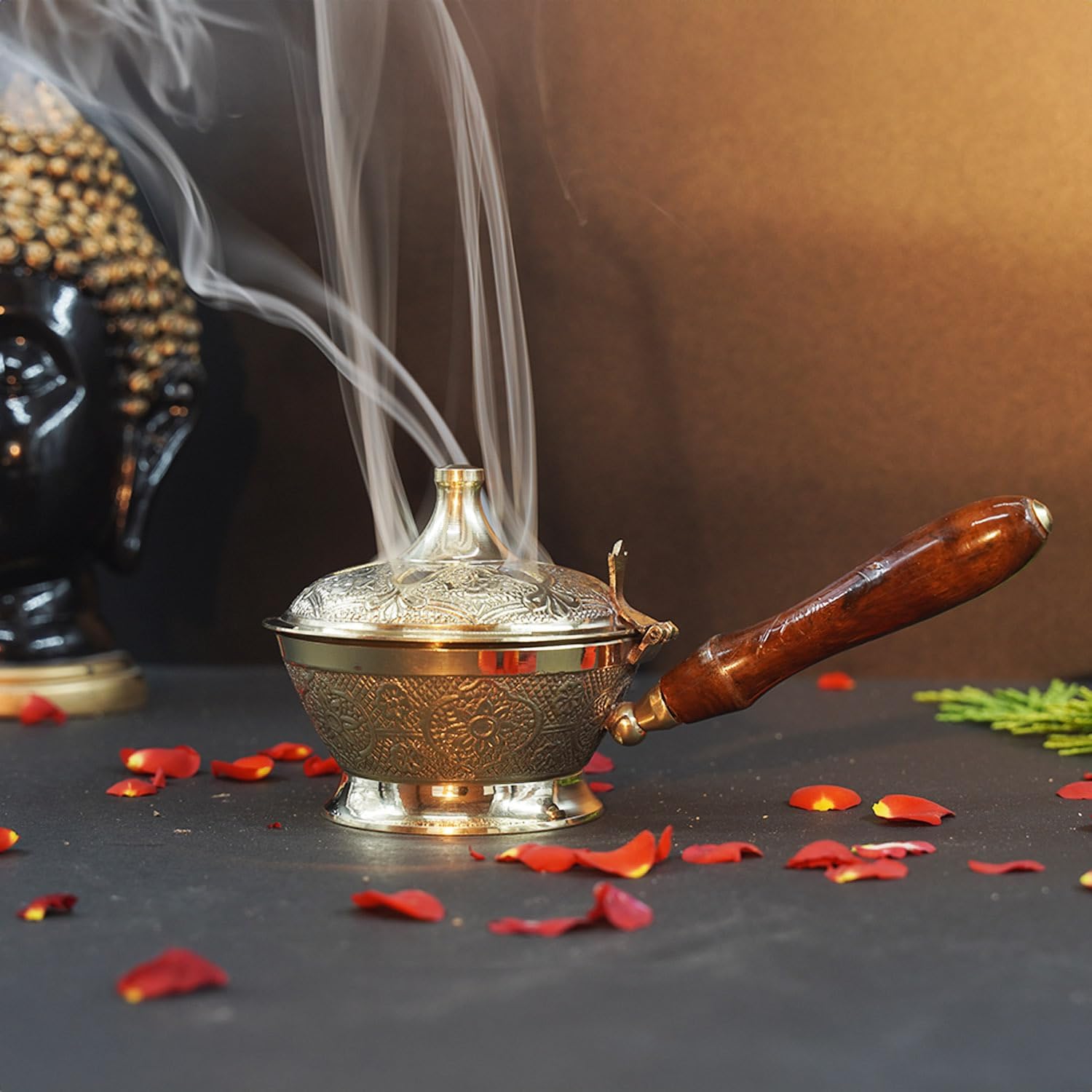Aarti Sambrani Stand & Loban Dhoop Burner Brass with Wooden Holder