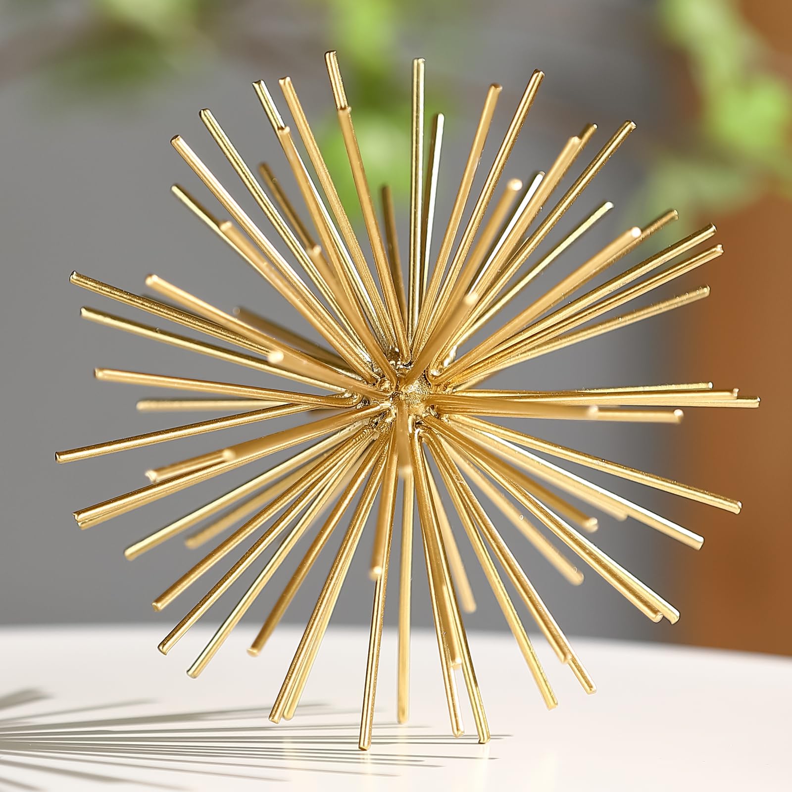Metal Decorative Starburst Ball, 6 Inch Gold Sphere Decor, Spiky Star Burst Tabletop Sculpture, Mid-Century Modern Metal Spike Ball for Home, Living Room, Office & Shelf Decor
