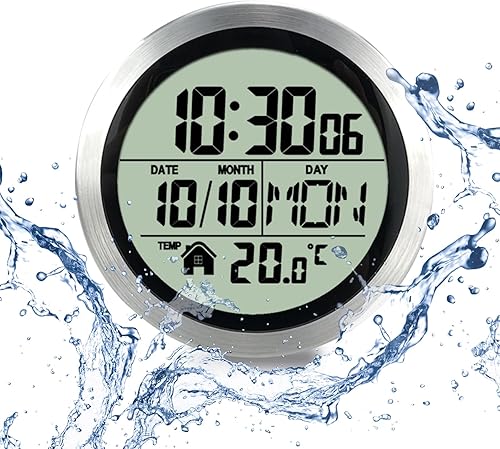Reloj de pared digital impermeable para baño, reloj de pared interior con ventosa, marco de plástico, opción flexible para colgar o estar de pie,