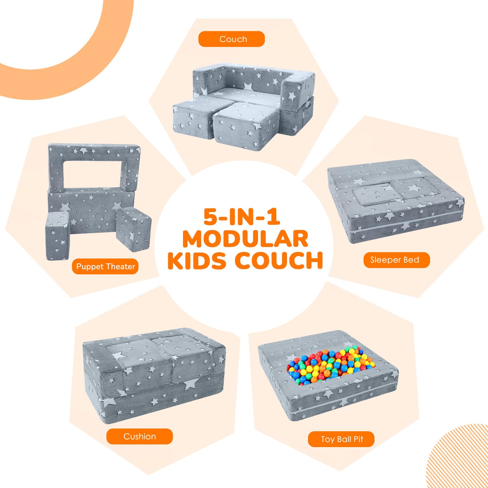 MeMoreCool Sofa dla Dzieci, Kanapa Świecąca w Ciemności, Rozkładana, Fotel Dziecięcy, Meble do Sypialni, Modułowa Mini Kanapa do Pokoju Zabaw, Szara Gwiazda