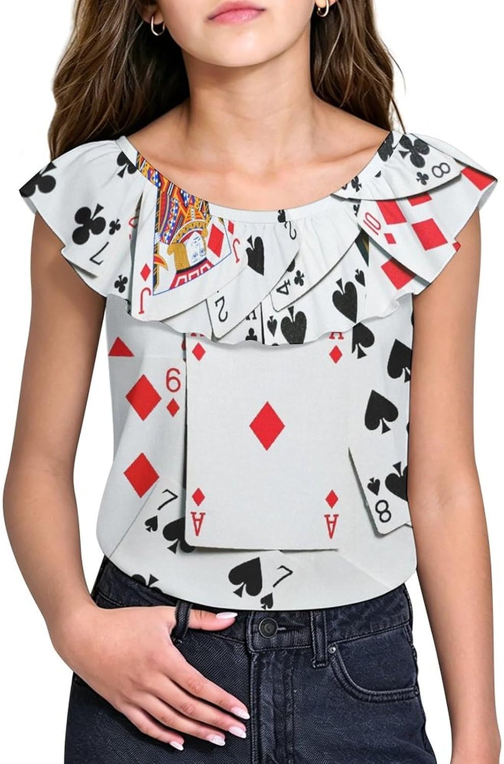 Poker Cards Girls T-Shirts Top Ruffle Short Sleeve Blouse Casual Graphic Tees