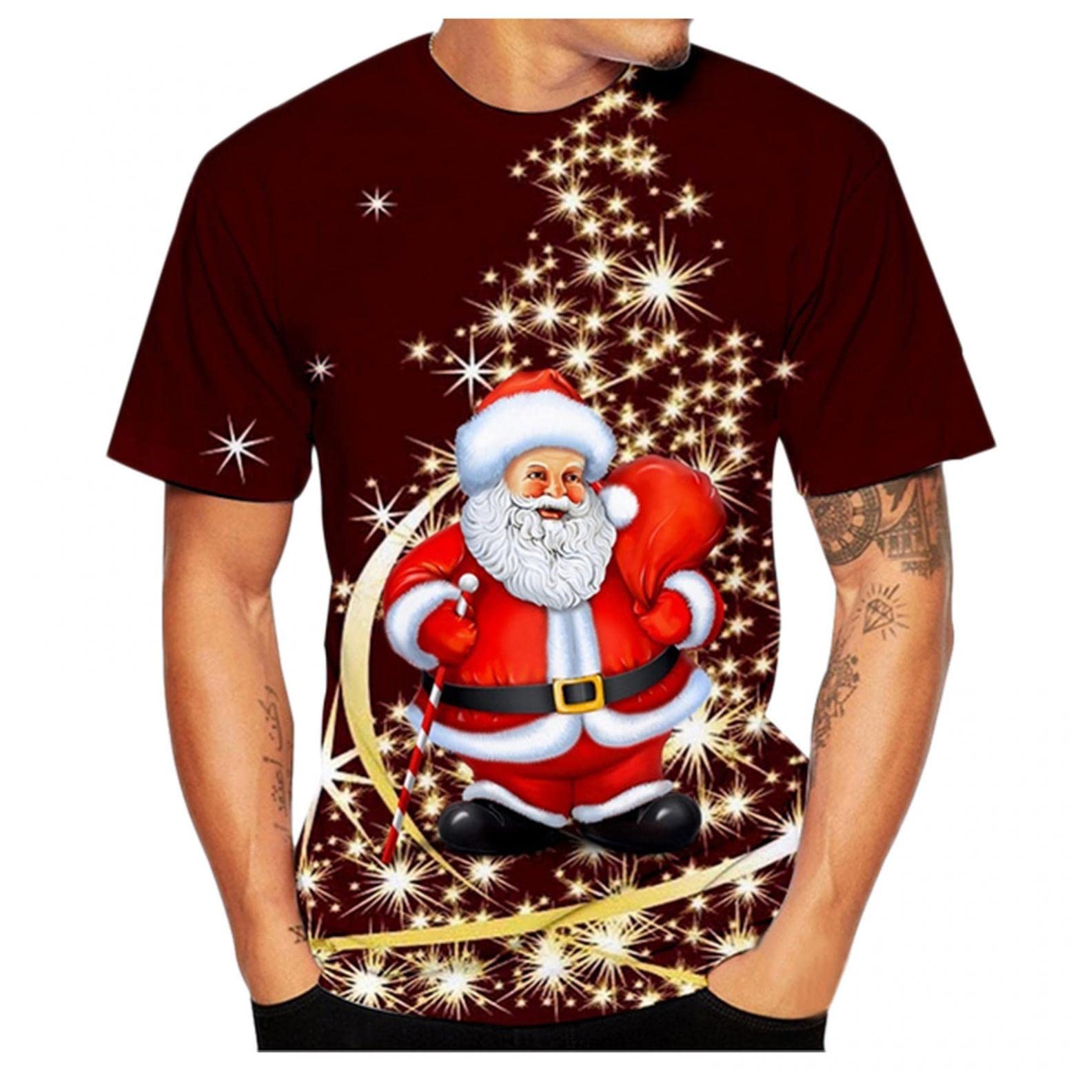 Men's Christmas Shirts Short Sleeve Santa Printed Pullover Tops Beach Shirt Casual O Neck Holiday Party Top Blouse