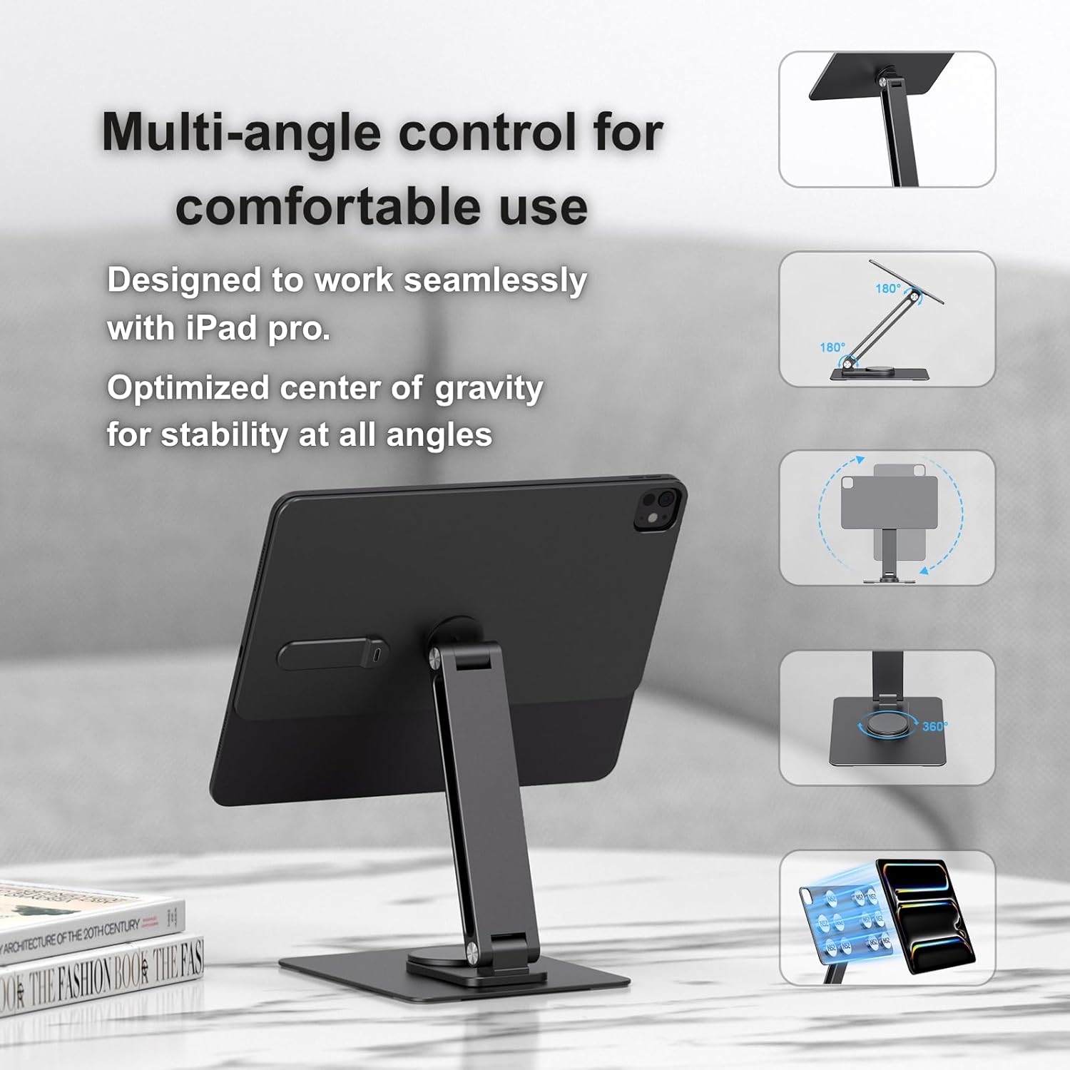 Magnetic iPad Pro M4&M5 11-inch Stand with Wireless Charging 18W, 360° Rotating Aluminum Tablet Holder for iPad Pro M4/M5 11-inch, Adjustable Desk Mount Series (M4/M5-11inch)