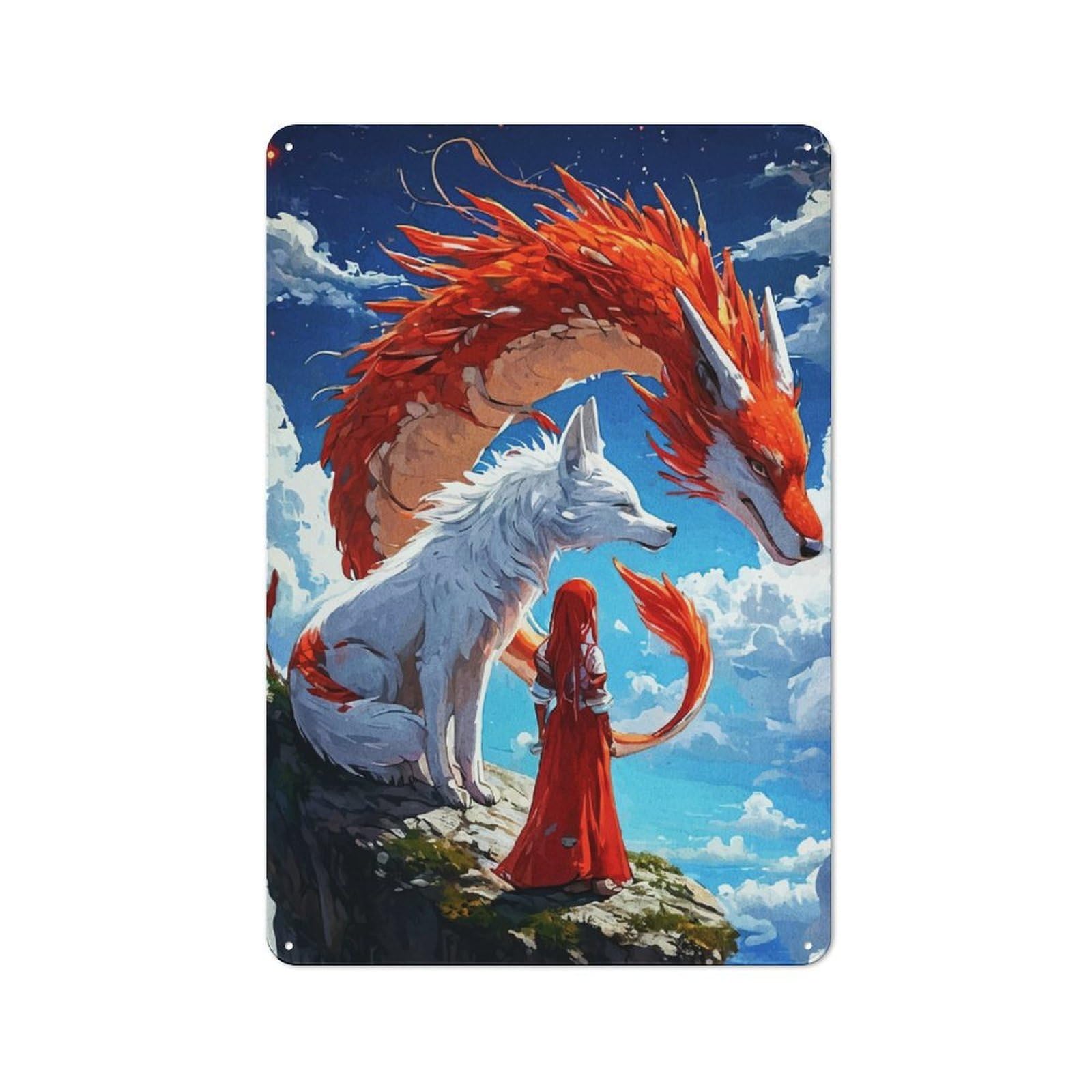 Junmoney Girls Style-16 Retro Metal Wall Sign 30X20cm With Fantasy Scene Wolf, And Dragon For Hallway Wall, Suited To Hallway Decor Lovers