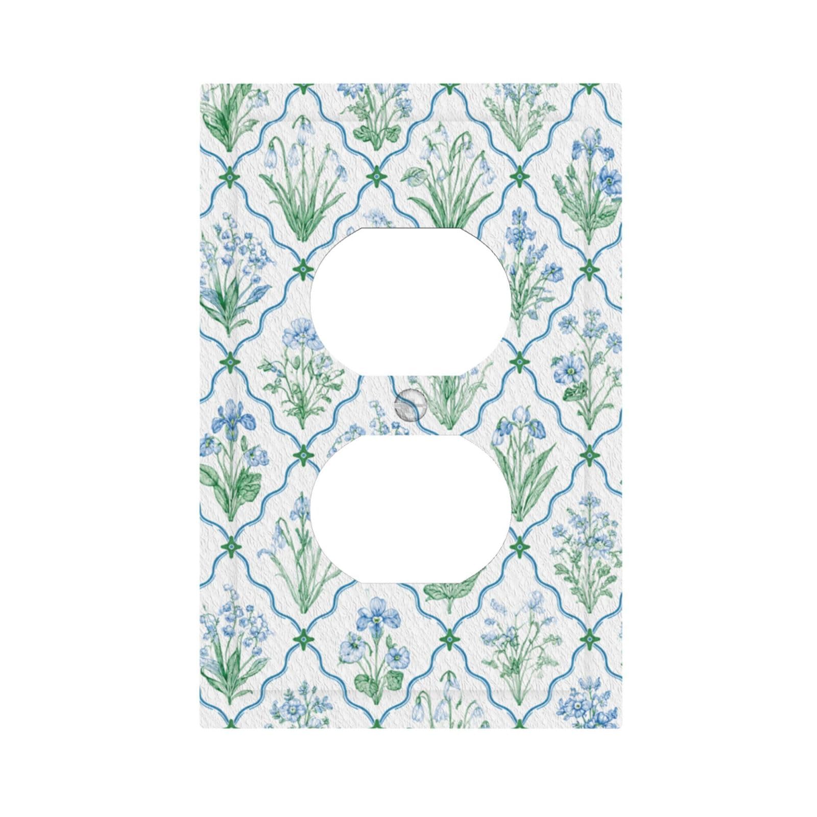 Dwbguo Cottagecore Botanical Decorative Outlet Covers Vintage Blue Green Botanical Wildflower Grid 1 Gang Duplex Light Switch Cover Plate Unique Wall Plates Switch Plate Cover For Farmhouse Kitchen Decor