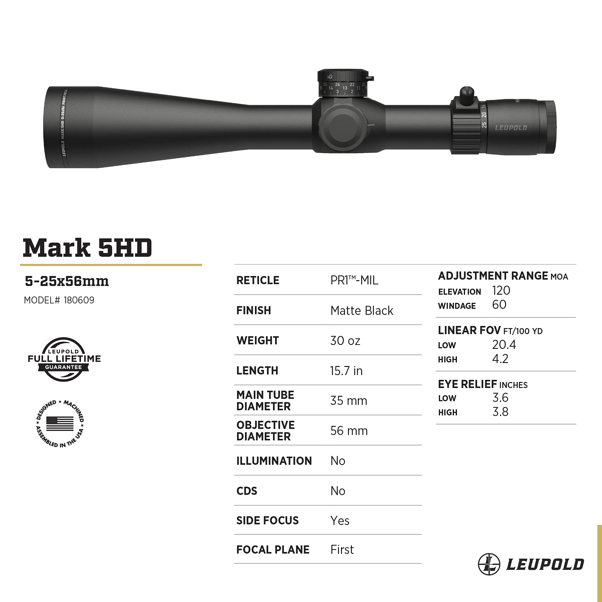 Cannocchiale Leupold Mark 5HD 5-25x56mm – Ottica Professionale, Reticolo FFP, Torrette M5C3 E Sistema HD Twilight Max