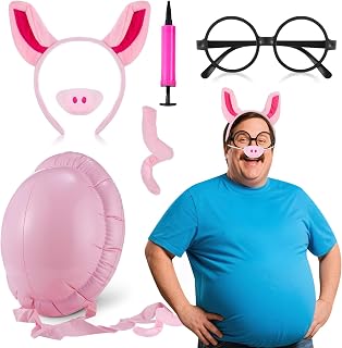 Mepase 5 Pcs Halloween Pig Costume for Men Animation Daddy Costume Includes Ears Headband Nose Tail Glasses and Inflatable Fake Pregnant Belly with Inflator for Halloween Cosplay Party Accessories