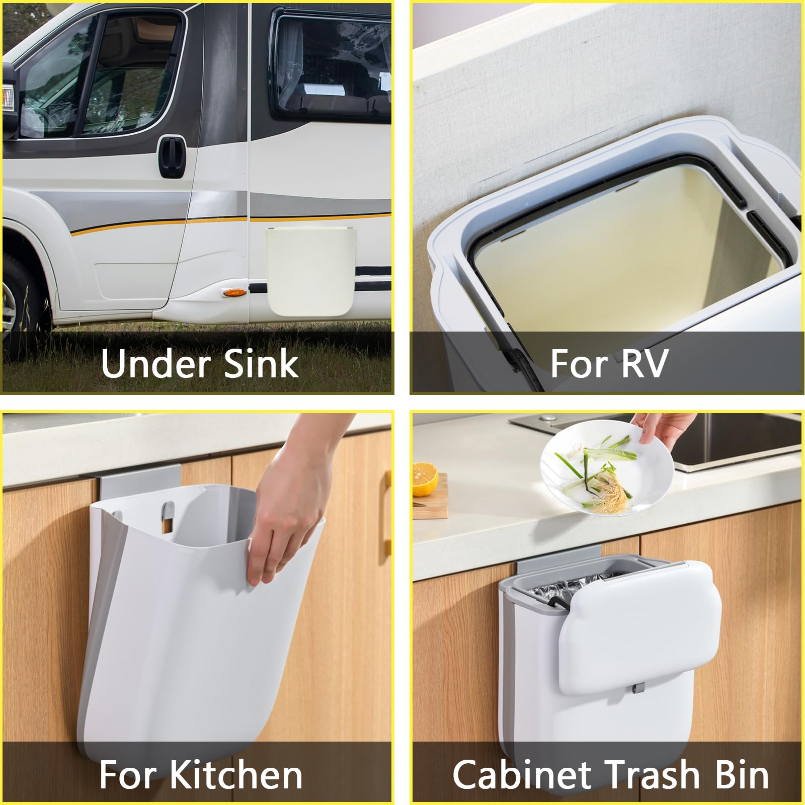 Soddeph Zusammenklappbarer Mülleimer mit Deckel zum Aufhängen, Küchenabfalleimer, Wandmontage, Kunststoff-Mülleimer für Theke, unter Spüle, Wohnmobil (beige mit Deckel)