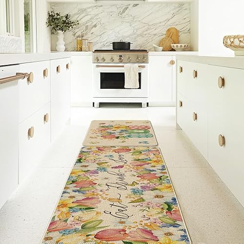 Miniatura 7 de Artoid Mode Juego de 2 tapetes de cocina con diseño de flores, florero, mariposa, primavera, decoración del hogar, hojas de bajo perfil, para piso,