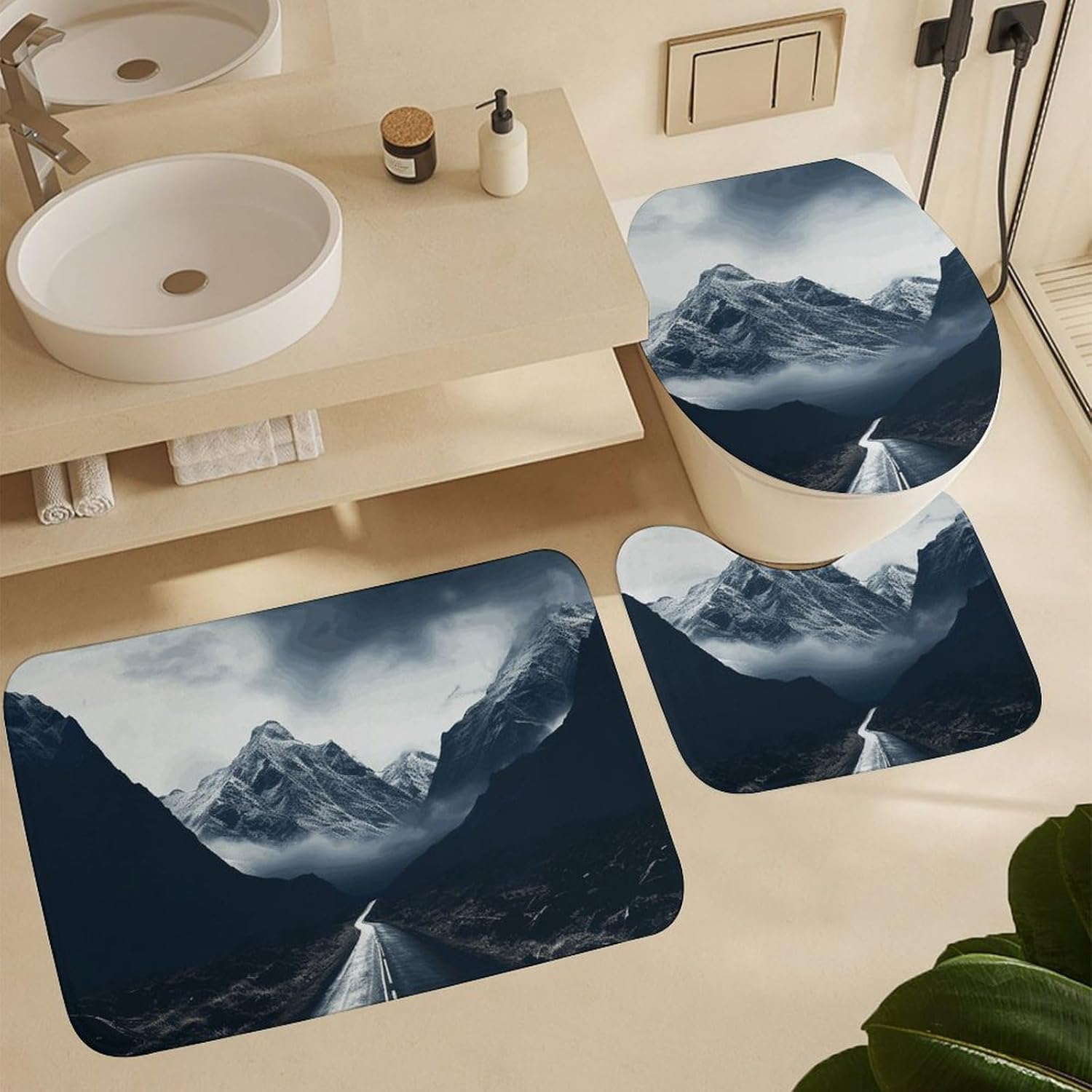 Anti-Skid Floor Mats 3 Piece Set,Dark Road to Mountains Printed Coral Fleece Bathroom Mats U-Shaped Contour Mat Toilet Seat Cover for Bathroom, Tub, Shower, Kitchen 19.7"x31.5"