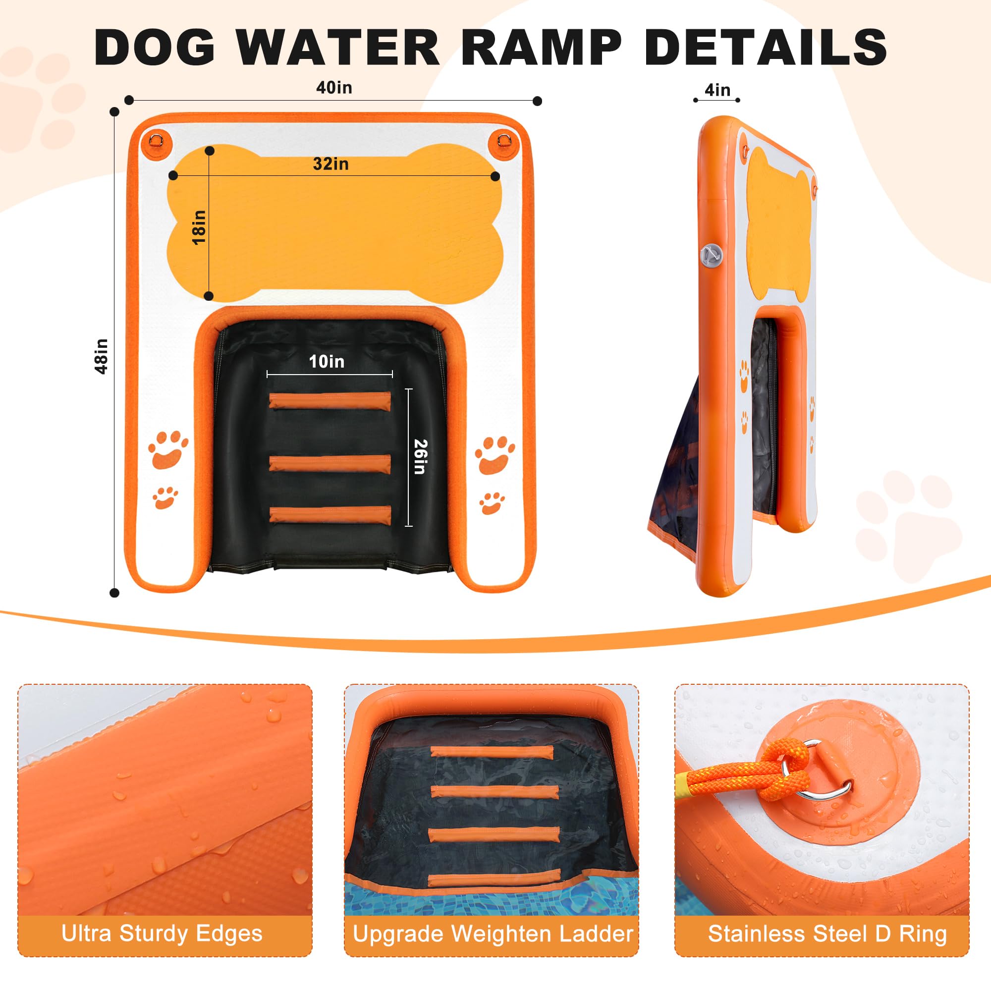 VOFiTNY Rampa da piscina per cani fino a 90,7 kg, 2025 nuove rampe per cani con cuscinetto antiscivolo in EVA e scala per pesi, gradini per cuccioli per piscina/barca/pontile/mare, dock arancione per