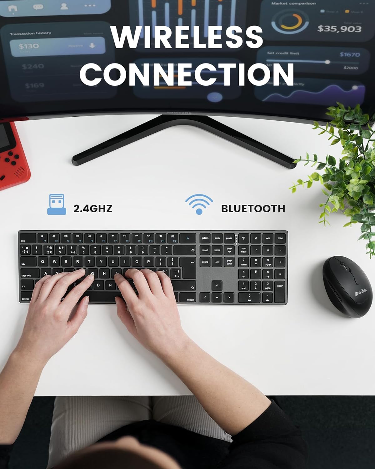 Perixx PERIBOARD-817 Wireless Multi Device Keyboard, Full Size, Aluminum Housing, X Type Scissor Keys, Compatible with Windows, macOS, Linux