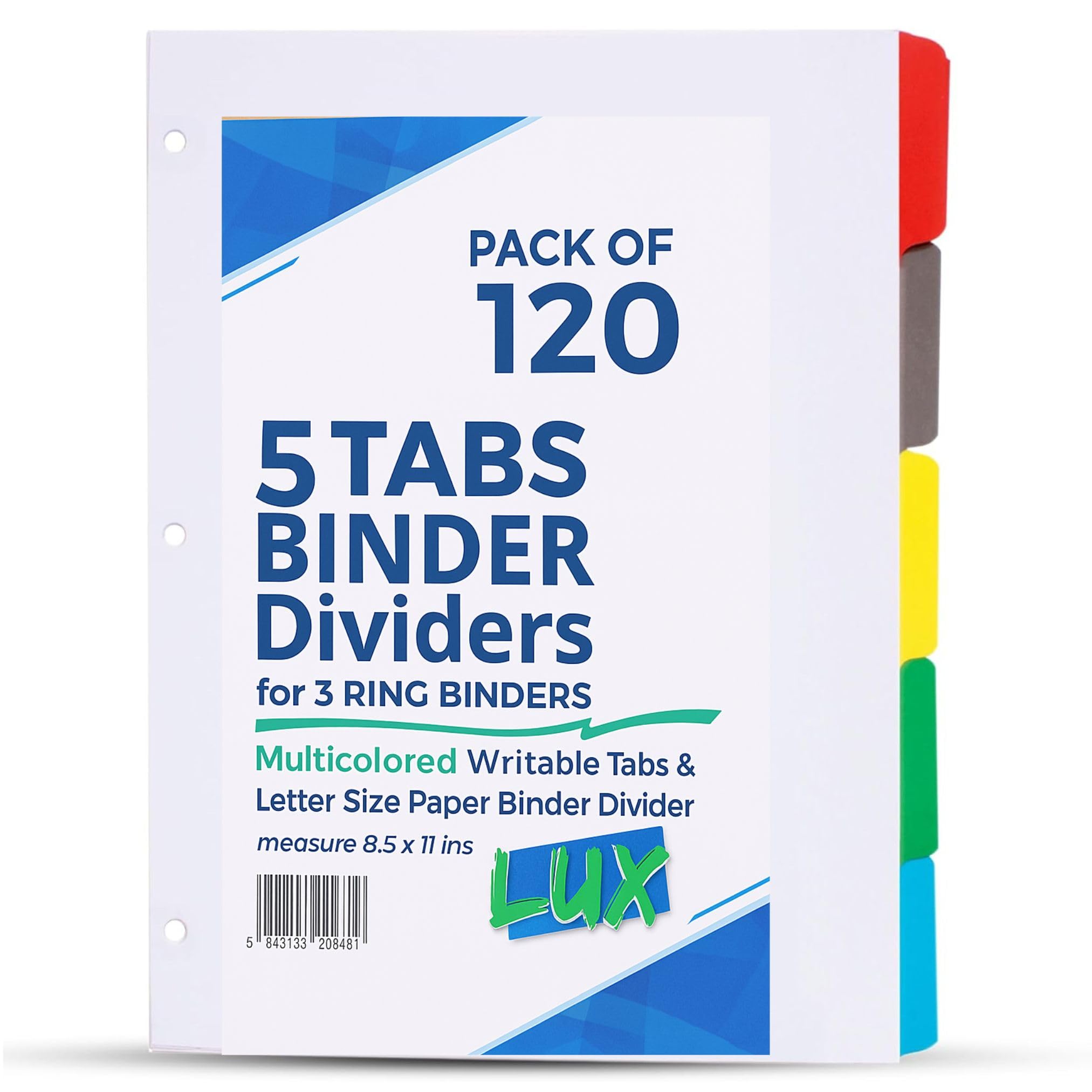 LUX Binder Dividers - Pack of 120-5 Tabs Binder Dividers for 3 Ring Binders - Multicolored Writable Tabs & Letter Size Paper Binder Divider - Ideal for School, Office, Home & Business Organization