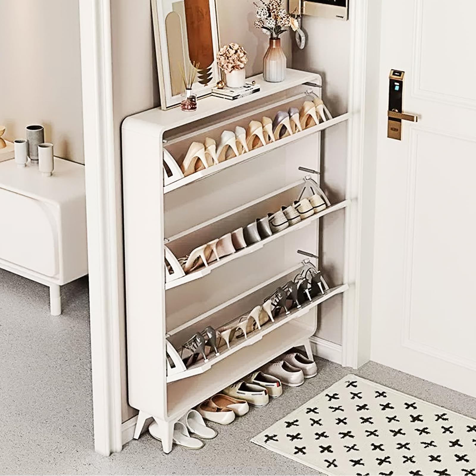 JSLXNDM Schuhschrank Schmaler Weißer Schuhschrank aus Holzwerkstoff mit Türen Moderner weißer Schuhschrank Schuhregal Schmal Schuhschrank Weiss