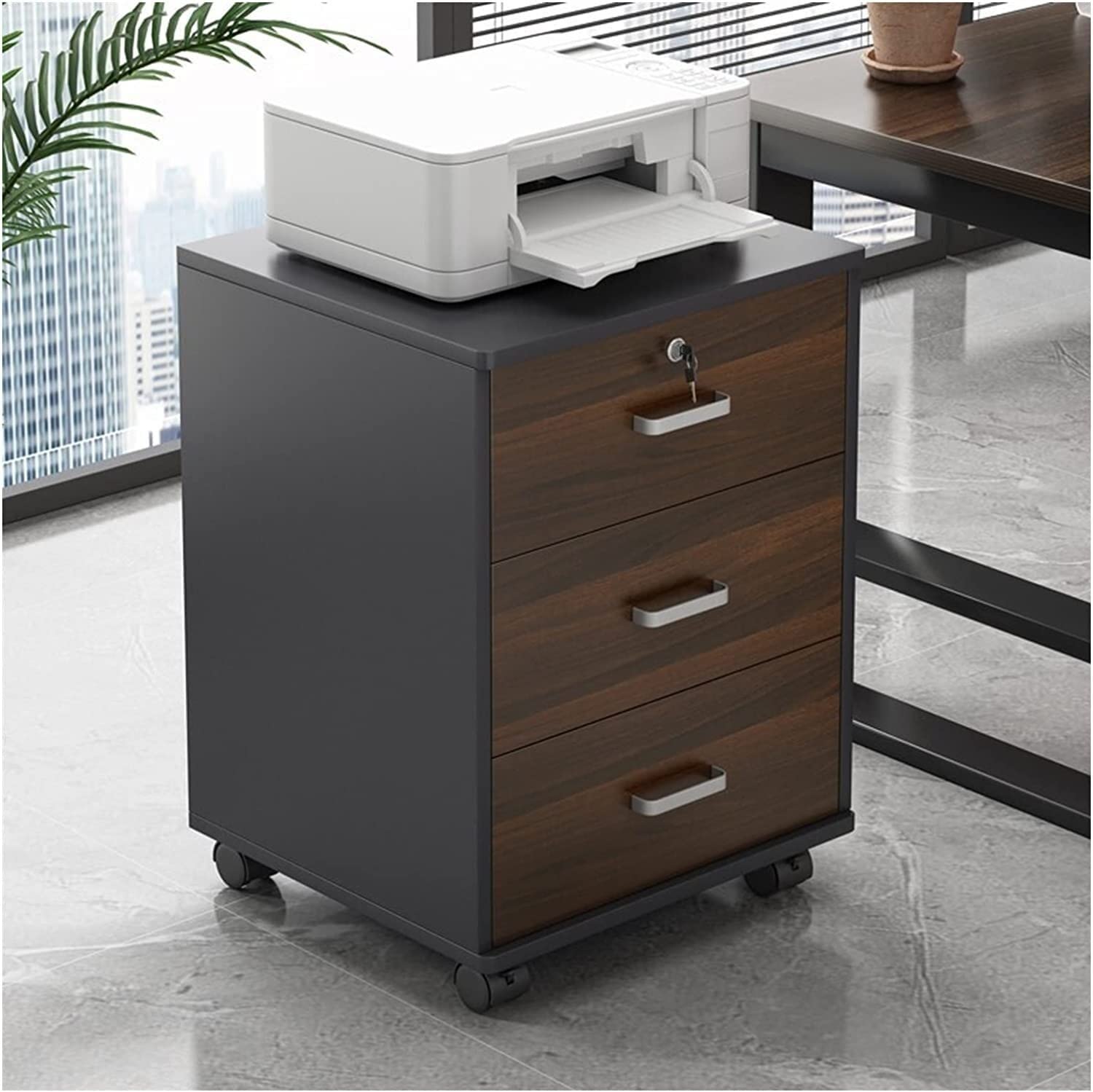 SaryEdge Office Storage File Cabinet 3 Drawers Wooden File Cabinet, Mobile File Storage and Organization Cabinet with Wheel Type Lockable Casters,