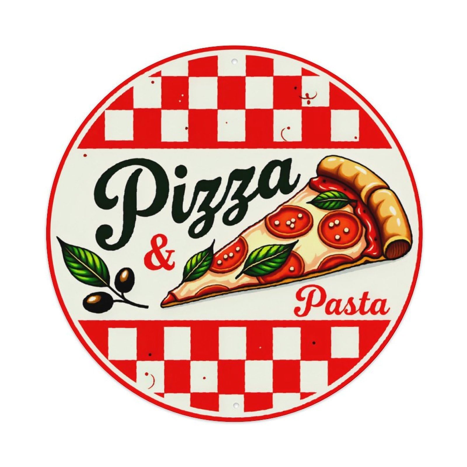 Ldfuieksufg Style Round Red White Check Pizza & Pasta Italian Food Metal Wall Sign Vintage Aluminium Metal Sign, Retro Wall Decor For Home, Bar, Garage & Farmhouse 20X20cm