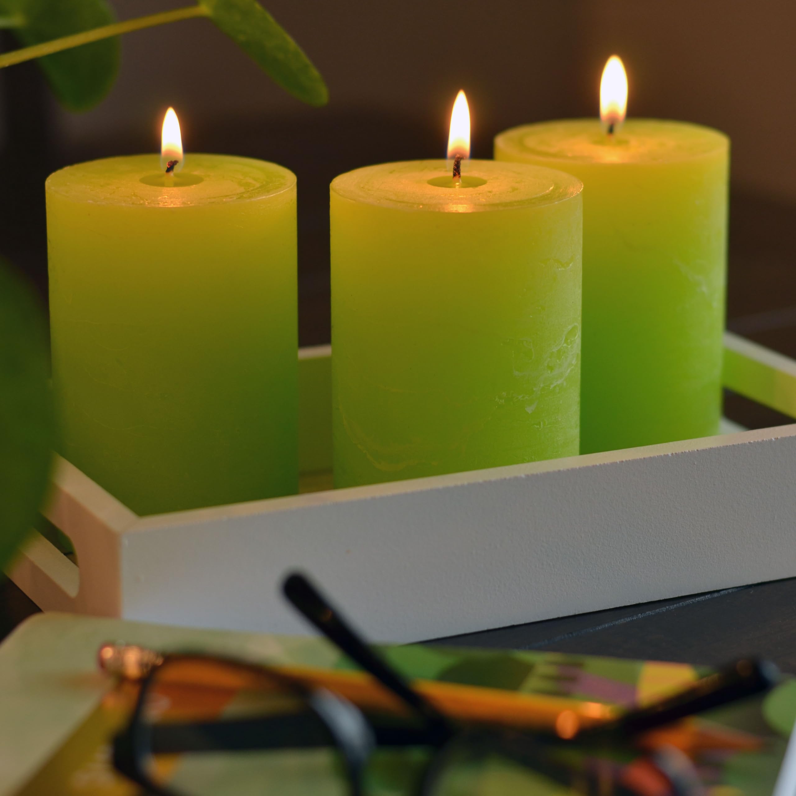 WHW Whole House Worlds 3 Piece Pale Pop Green Pillar Candle Set, 4 Inches Tall, 45 Hours Burn Time, Unscented, Marbled Surface