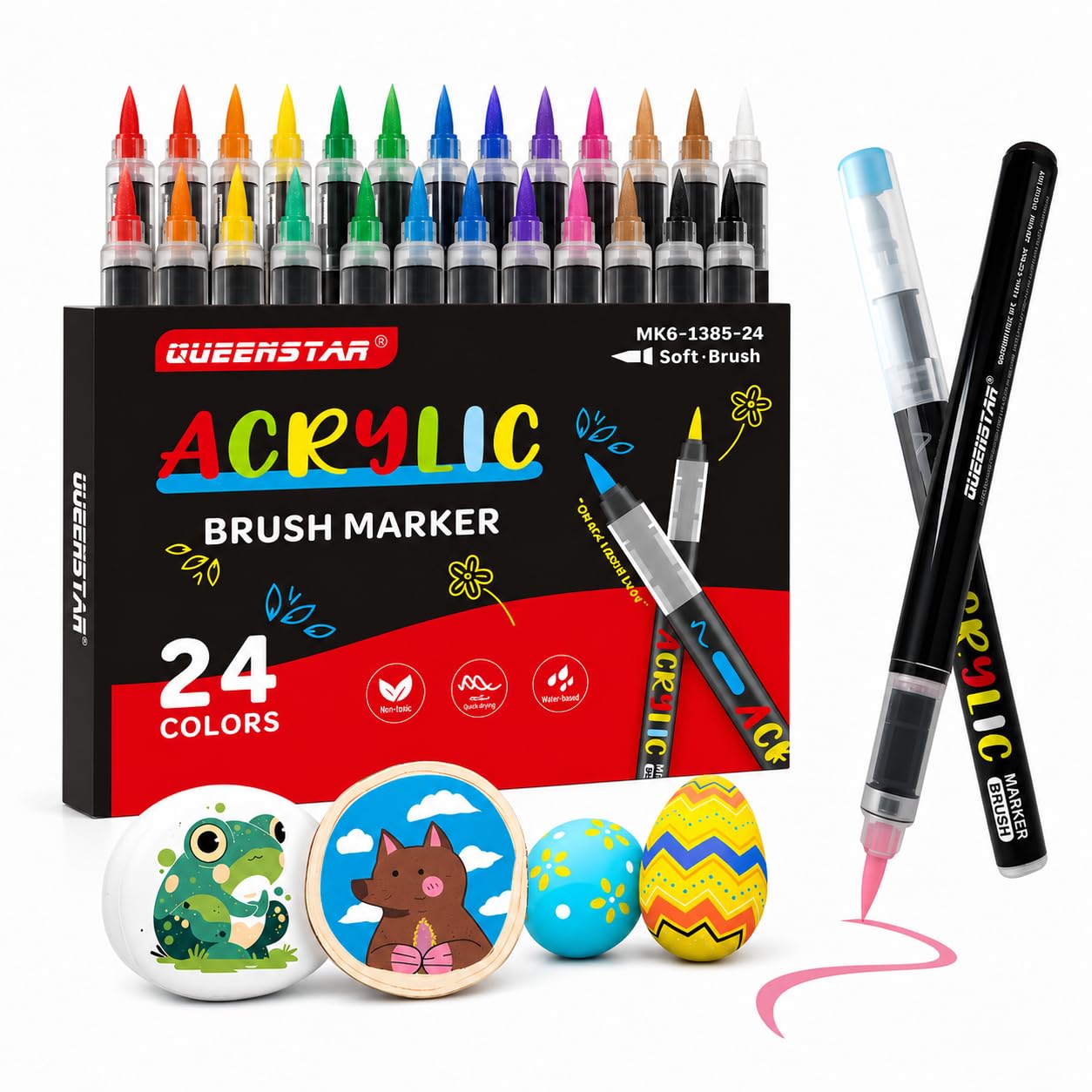Shopiable Store Acrylic Paint Markers Brush Tip, Vivid Colors with Direct-Liquid Ink System, Professional-Grade Paint Pen for Rock Painting, Canvas, Glass, Plastic, Fabric & Creative Crafts (24)