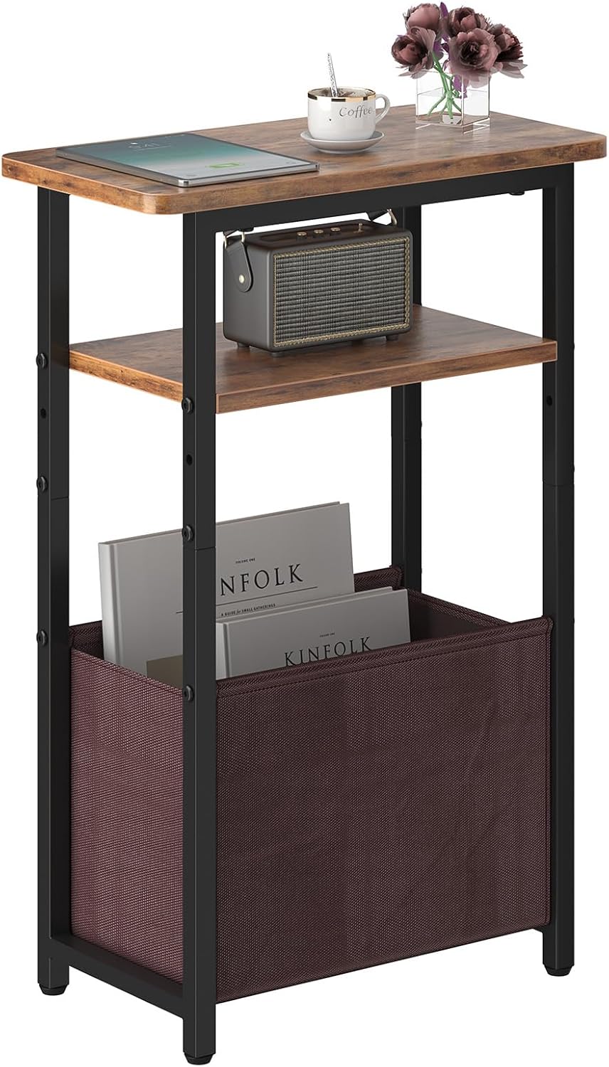 sthmec Narrow Side Table Set of 2, Skinny End Tables with Fabric Basket, Small Side Tables for Small Space,2-Tier Open Shelves with Basket, Slim Nightstands Set 2 for Bedroom,Livinroom,Office,White