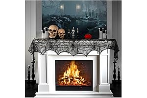 Halloween Cobweb Fireplace Scarf, Black Lace Spiderweb Mantle Scarf for Halloween Home...