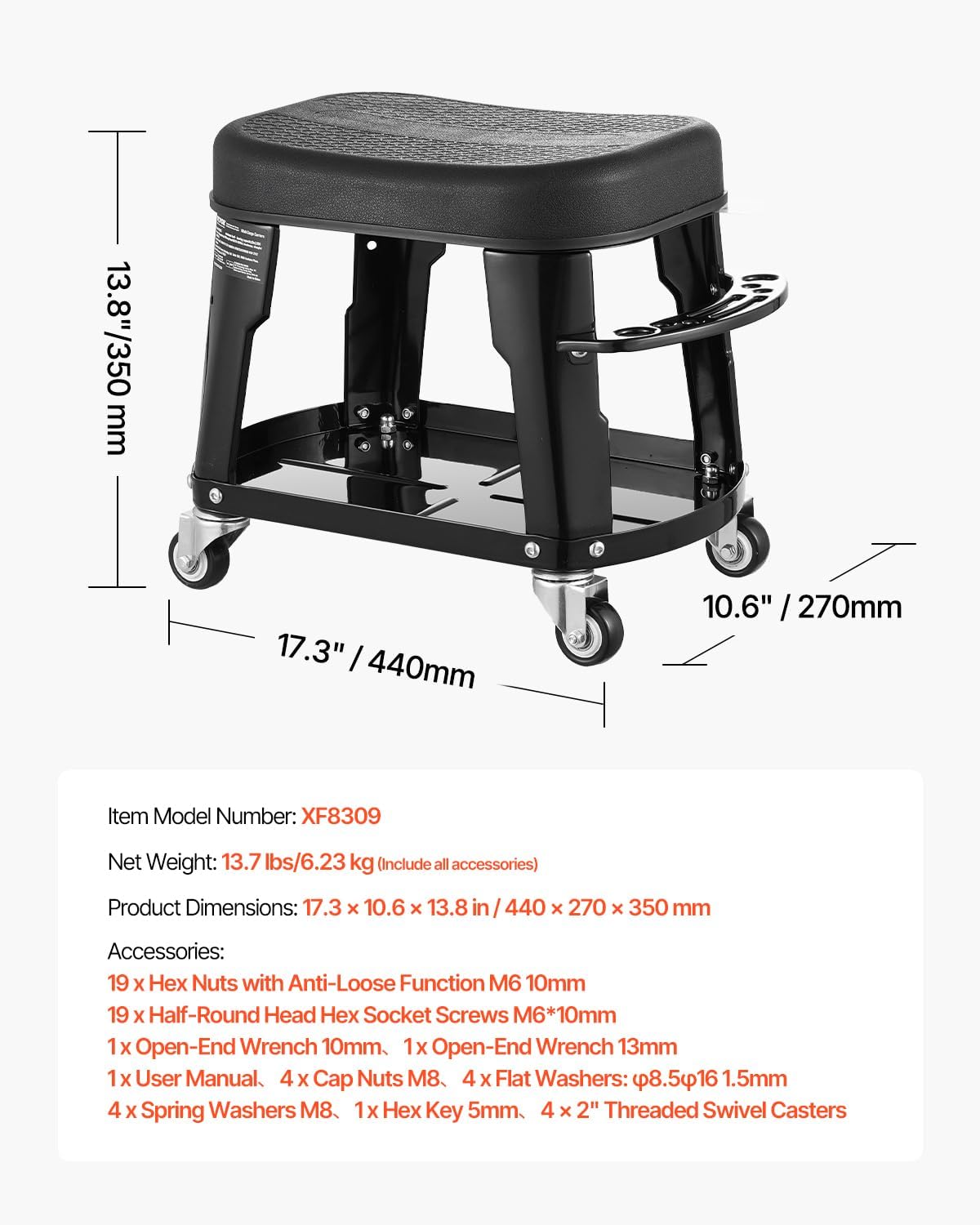 VEVOR Mechanic Stool, 300 lbs Capacity, Black, Industrial Style, Plastic Seat, Wheels, 360 Swivel, Tool Tray, Screwdriver Rack