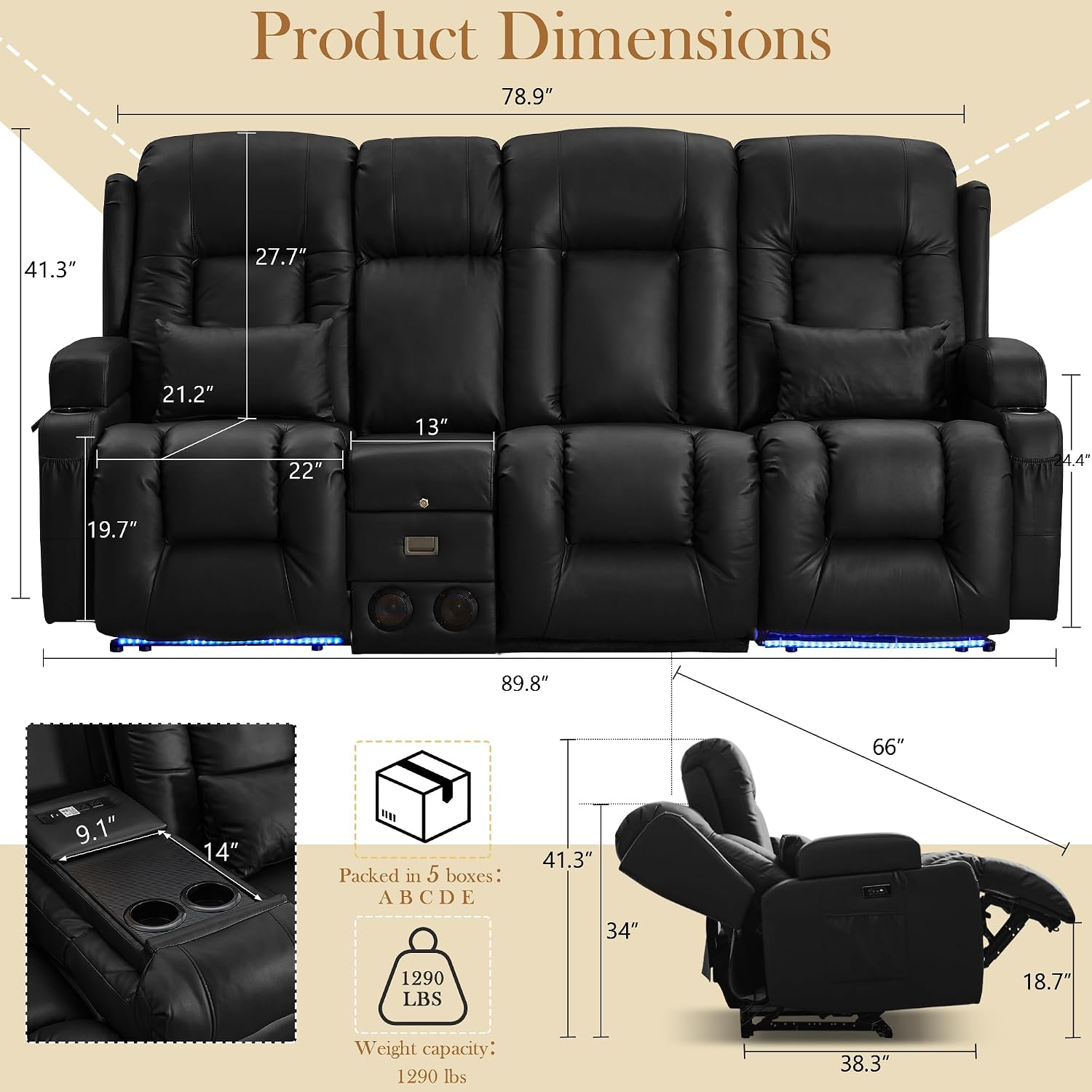 TUNYI Power Recliner Loveseat with Massage Heat Console USB Storage LED Speakers (Black 4 Seat)