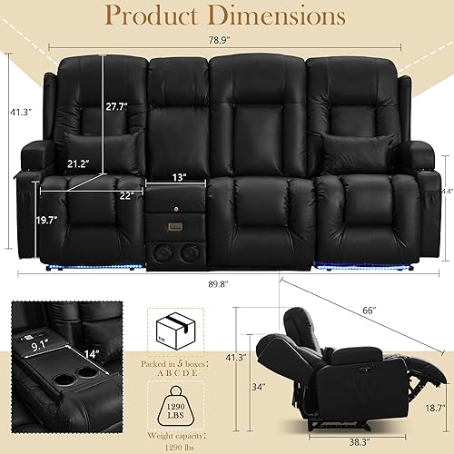 Miniatura 2 de TUNYI Sofá reclinable eléctrico con masaje y calor, asiento de cine en casa con consola, sofá biplaza reclinable RV con