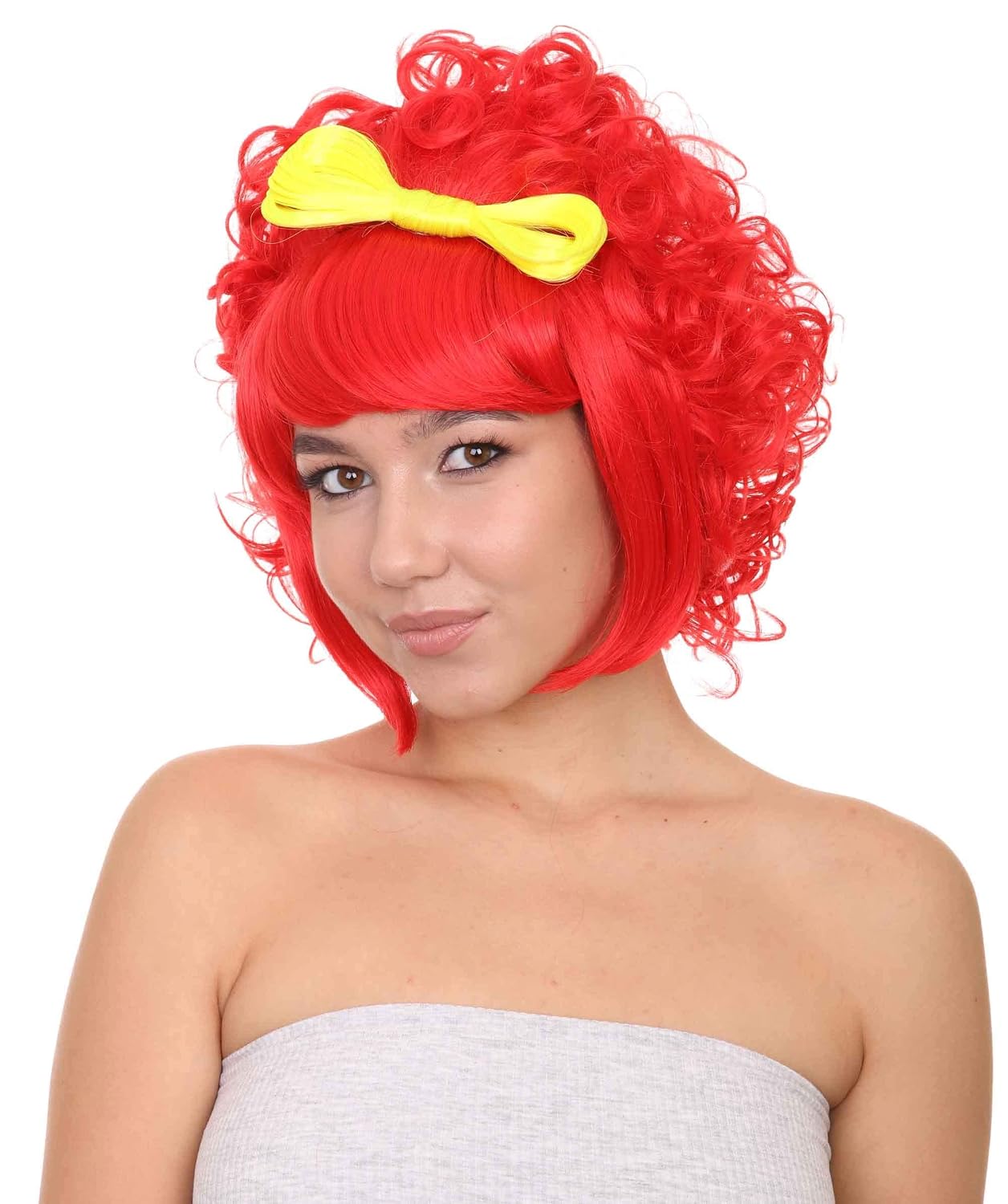 HPO Adult Women's Lady in Red Short Curly Wig, Breathable Capless Cap Design, Best for Halloween, Flame-retardant Synthetic Fiber