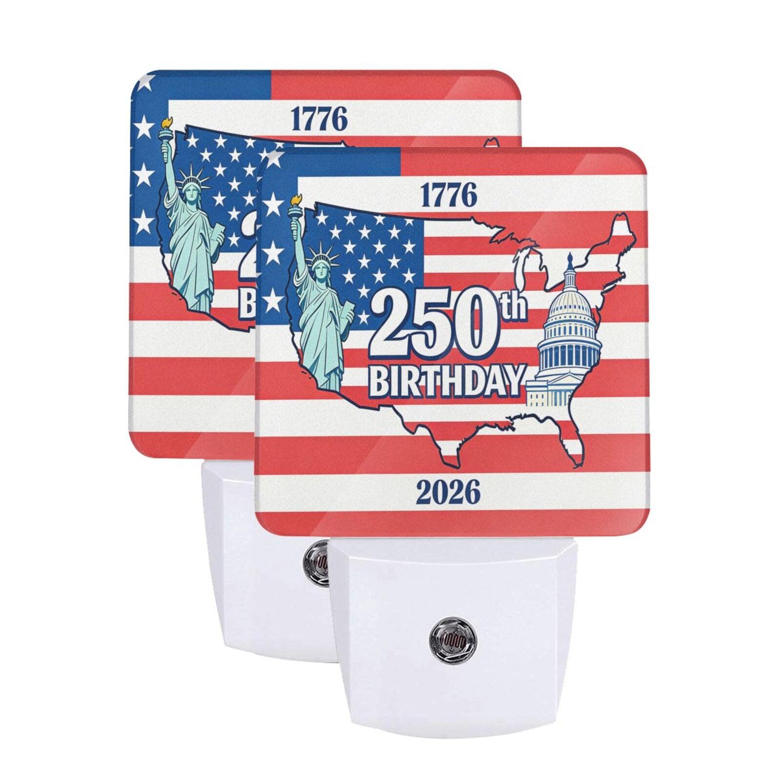 250 Years Birhtday of USA Night Light Set of 2, Patriotic Auto Sensor LED Dusk-to-Dawn Nightlights, Plug-in Sensor Lamp for Bedroom Bathroom Kitchen Hallway Stairs Decorative