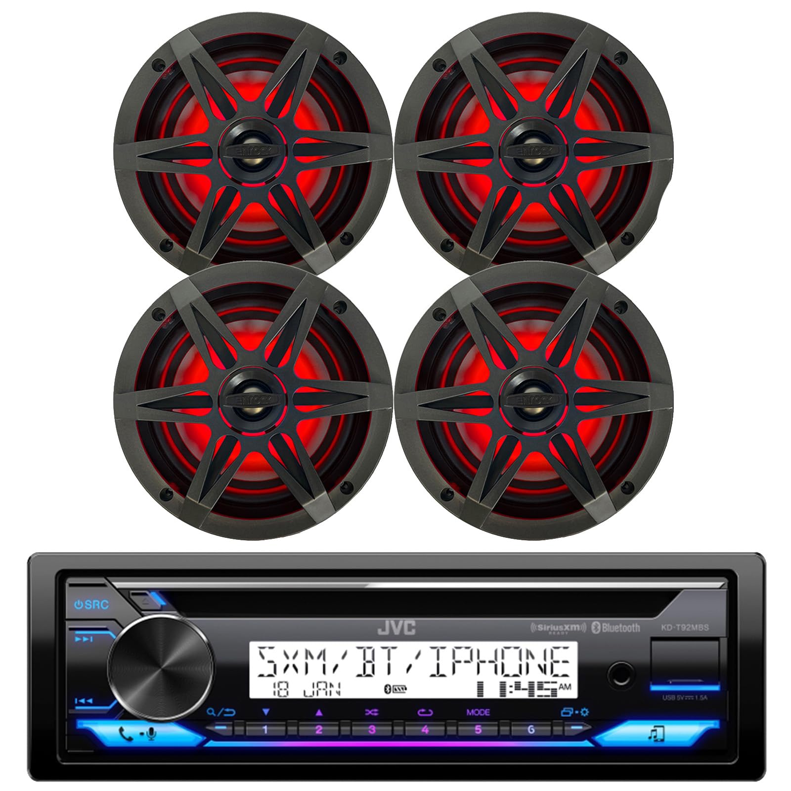 Single DIN Marine Bluetooth Stereo CD Receiver, 4X 6.5 2-Way 120 Watt Max Multicolor LED Boat Audio Speakers w/Charcoal and Chrome Grilles