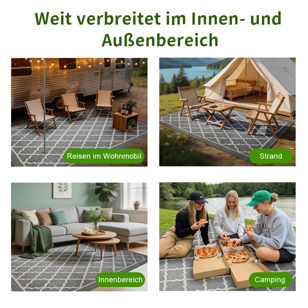Outdoor Teppich Wetterfest 160x230 cm, Frühling Camping Teppich, Wasserdicht Balkon Terrasse Matte Rug Carpet für Garten Patio RV Picknick, Rug UV-Beständig Waschbar Tragbar, Graue Gitter