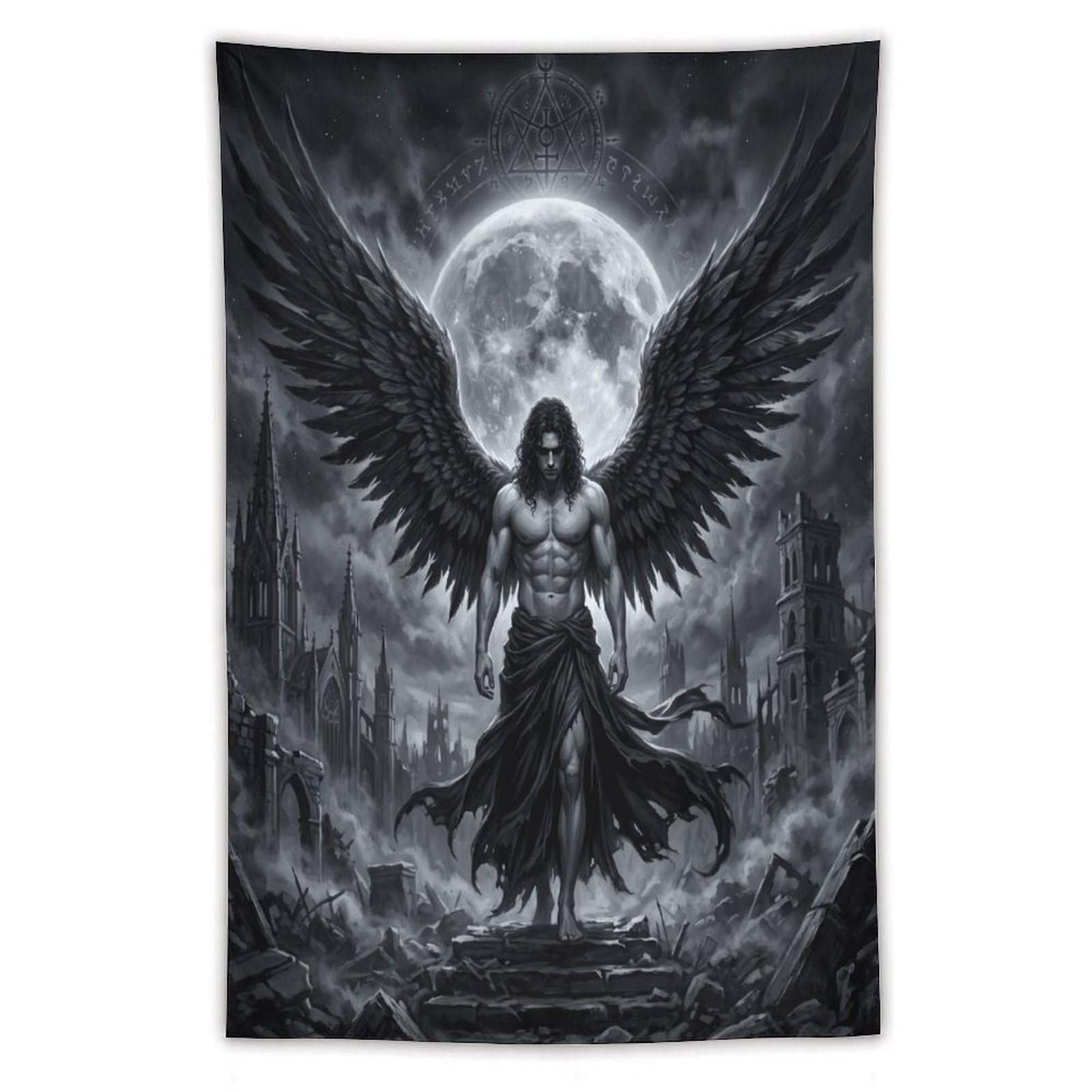 W7C8U2X3 Dark Angel Lucifer Ruins Moon Wall Tapestry, Moonlit