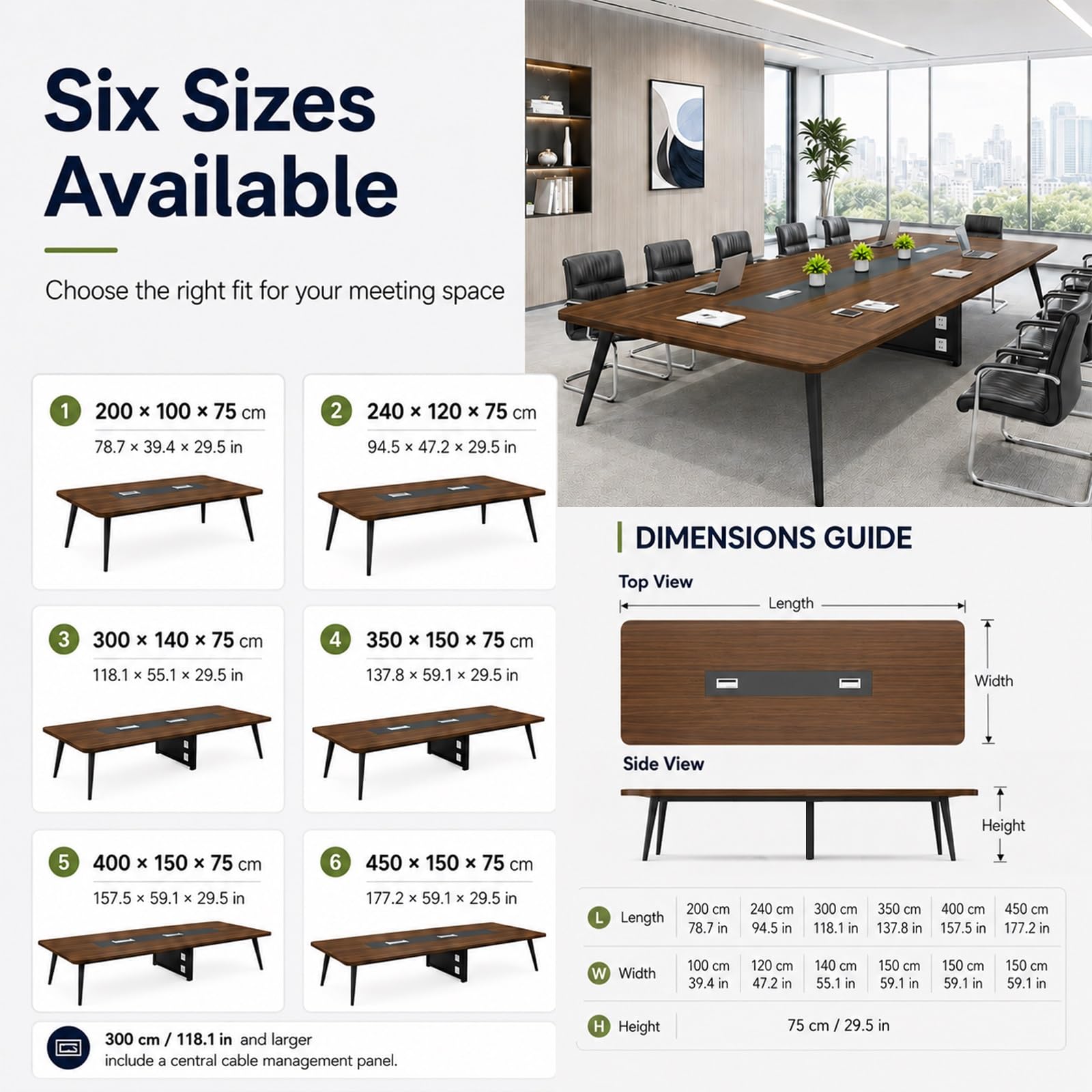 Mesa de conferencias Grande con 2 Cajas de gestión de Cables, Tablero Efecto Madera de 2,5 cm, Mesa de Oficina Rectangular Moderna, Varios tamaños(European Oak,350 * 150cm)
