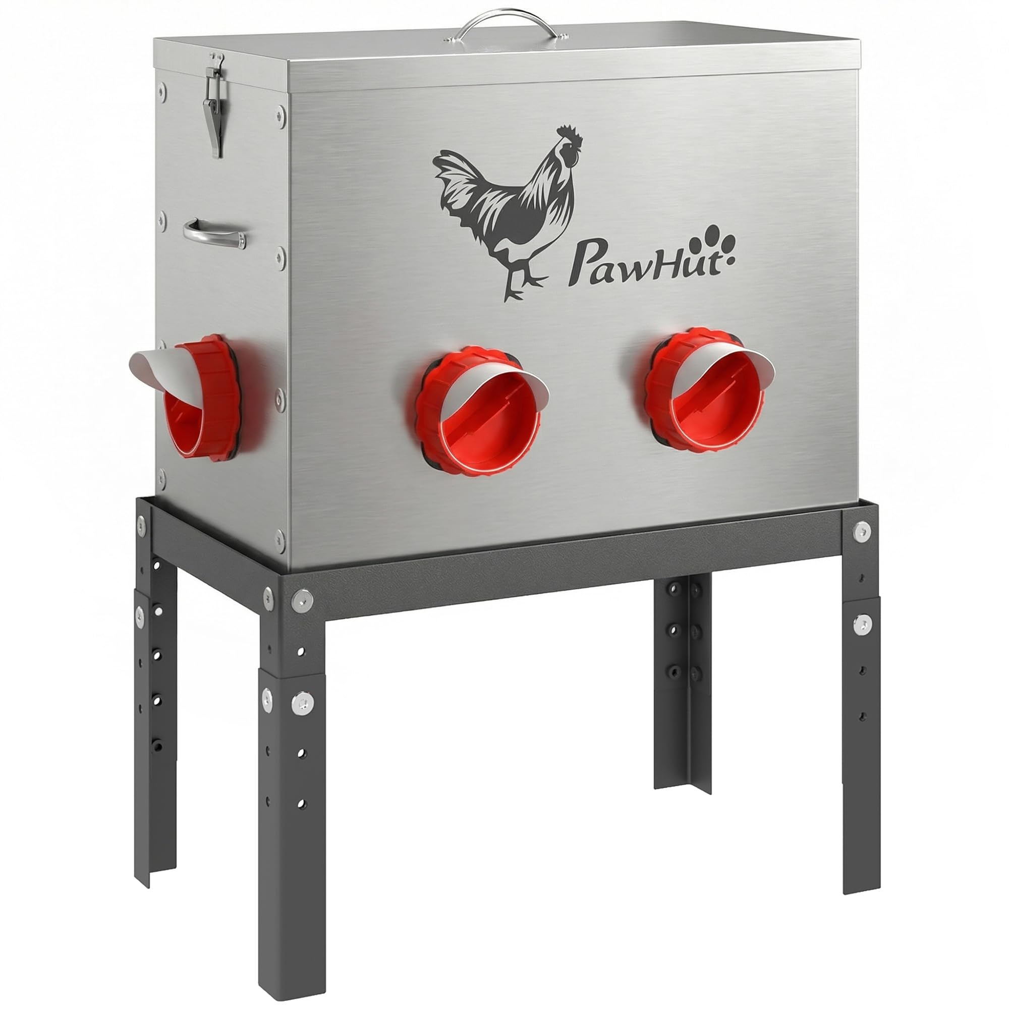 PawHut Comedero automático para gallinas, capacidad de 18 kg, comedero automático con tapa con cerradura, patas ajustables, 6 aberturas, dispensador de comida para aves de corral, color plata, 42 x 25
