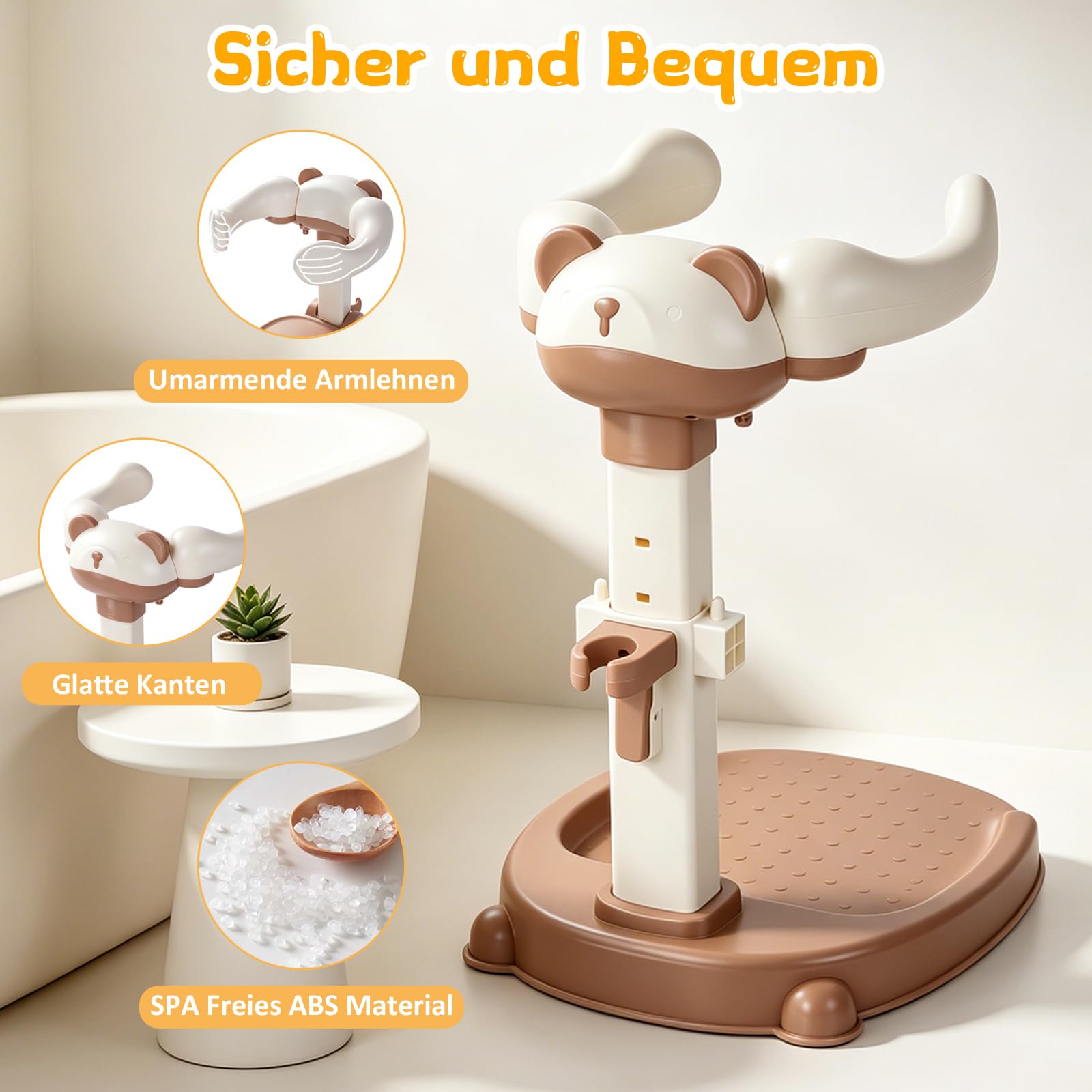 Baby Dusche Ständer Einstellbarer Baby Shower Stand Support mit AntiRutsch-Basis, Anehmbarem Sitz, Duschständer Kind, Anstelle eines Badewannensitzes baby zum Baden, Windelwechseln (Braun)