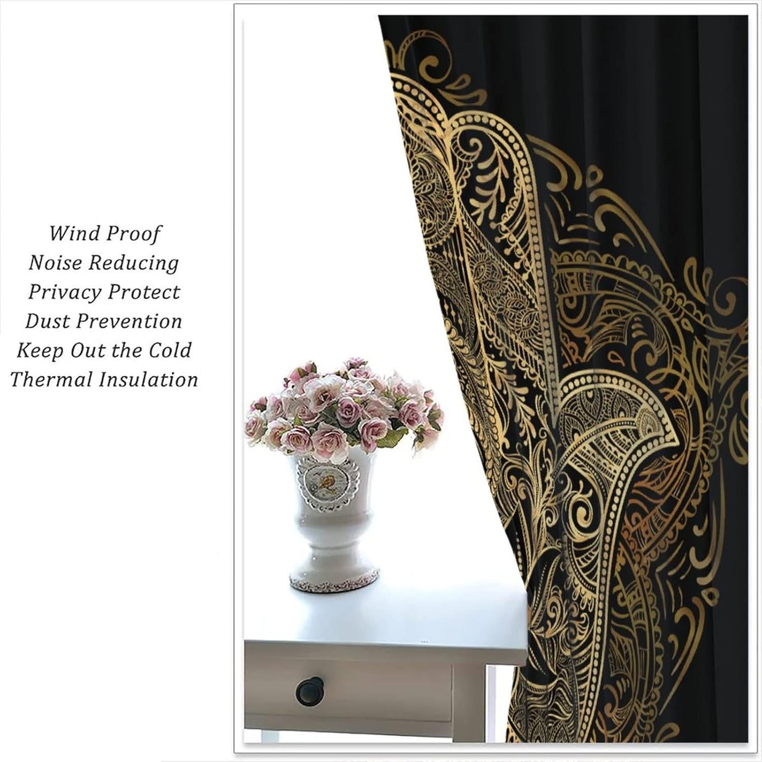 Bohemian Blackout Curtains,Gold Hamsa Hand Boho Chic Mandala Vintage Print Pattern Window Drapes for Bedroom Living Room Kitchen Decor Cafe Office Window Drapes,2 Panels 42x45in