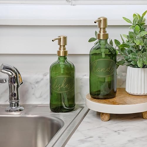 Miniatura 4 de Darware Dispensadores de jabón de vidrio verde (paquete de 2, bombas de metal dorado, 16 onzas); botellas decorativas para cocina y baño