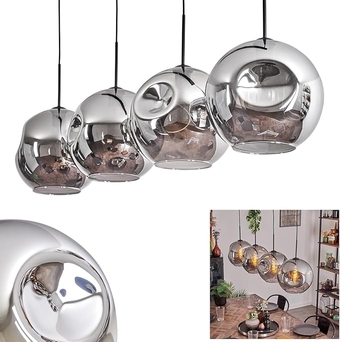 hofstein Hanglamp Ripoll, hanglamp van metaal/glas in zwart/rookkleur, lamp in modern retro/vintage design met kap van glas (Ø 30 cm), hoogte max. 154 cm, 4 x E27, zonder lamp