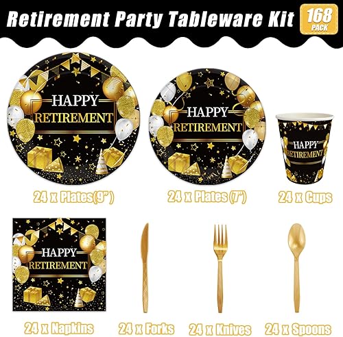 Miniatura 2 de 168 piezas de suministros para fiesta de jubilación, decoraciones de fiesta de jubilación negro dorado para mujeres, platos de papel jubilados,