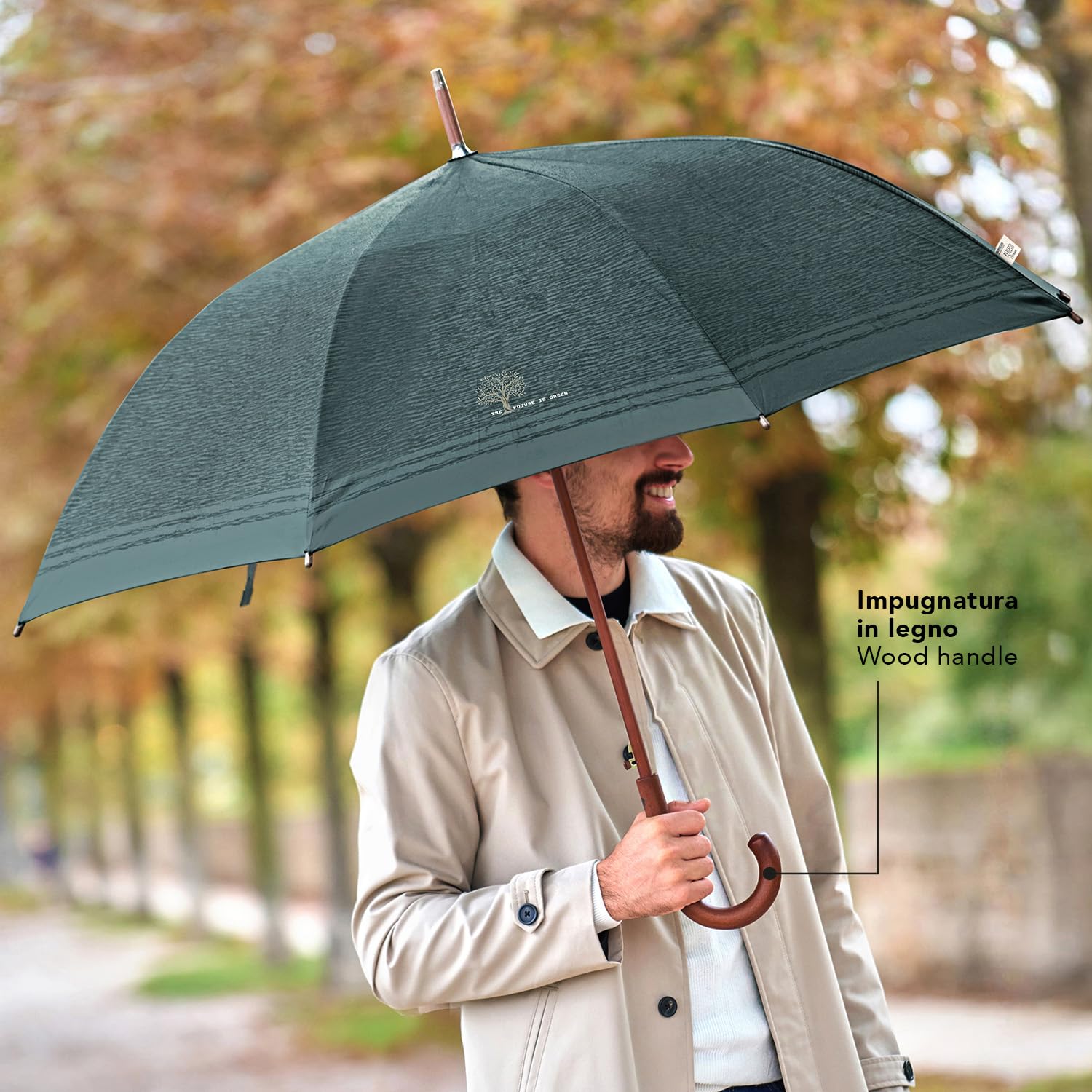PERLETTI GREEN Parasol Przeciwdeszczowy z Drewnianą Rączką dla Kobiet Otwierany Automatycznie Wiatroodporny - Długi Ekologiczny Parasol - Mocny i Wodoodporny - Średnica 102 cm
