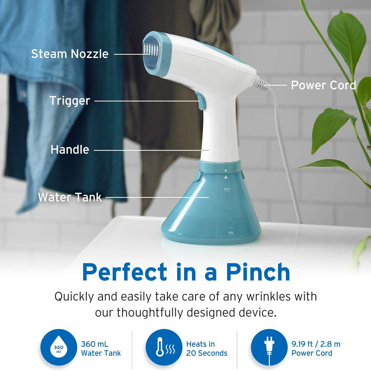 Diagram of Etekcity Garment Steamer with labeled parts: Steam Nozzle, Trigger, Handle, Water Tank, Power Cord.