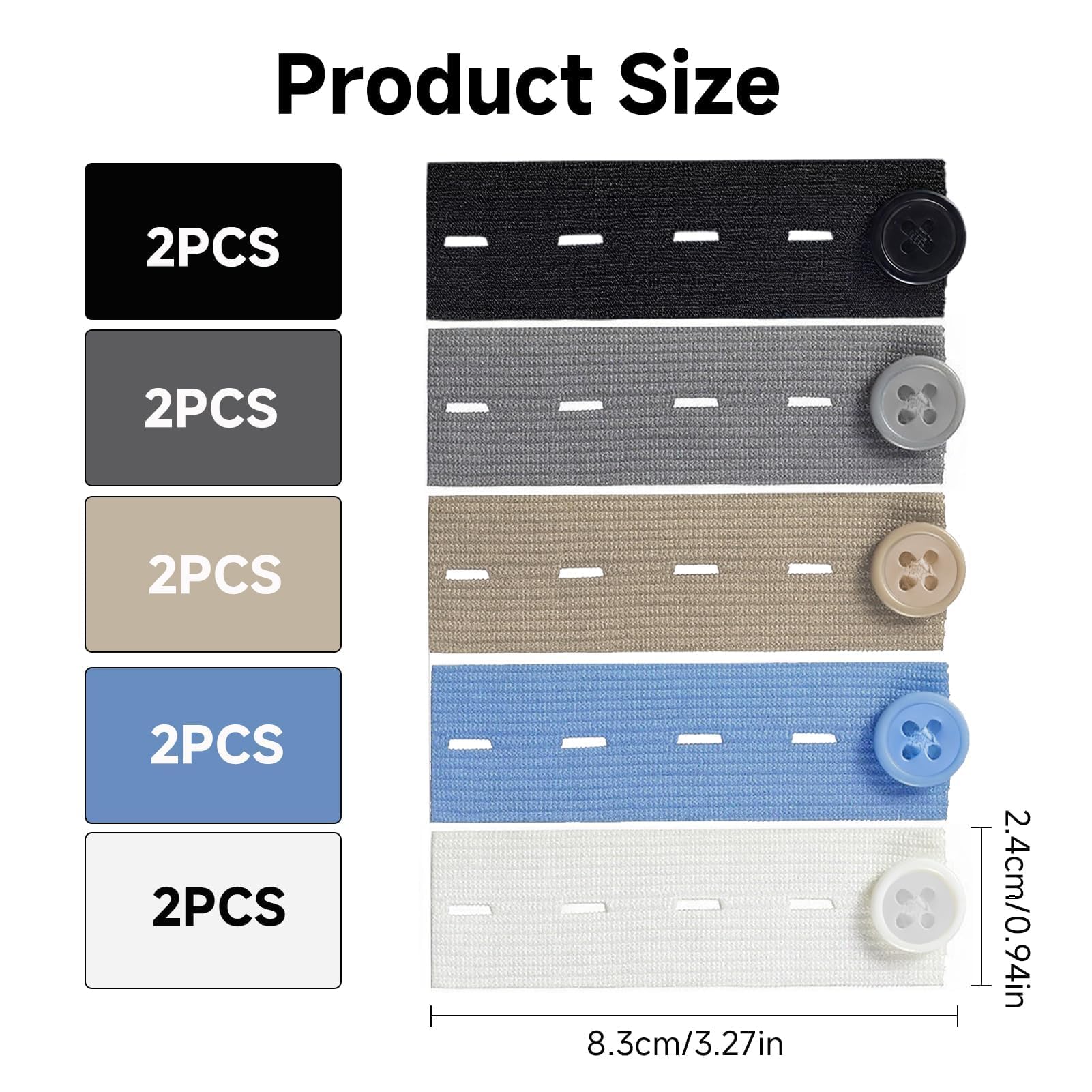 10 Piezas Extensor de Cintura para Pantalones, Botones Ajustables en Negro/Azul/Blanco/Caqui/Gris, Ideal para Embarazadas y Ajuste de Ropa, Alargador de Cintura para Hombre y Mujer