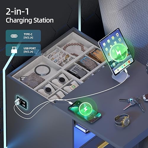Miniatura 7 de Gurexl Juego de 2 mesitas de noche con estación de carga, mesa auxiliar con compartimento secreto para armas, moderna mesita de noche con sensor